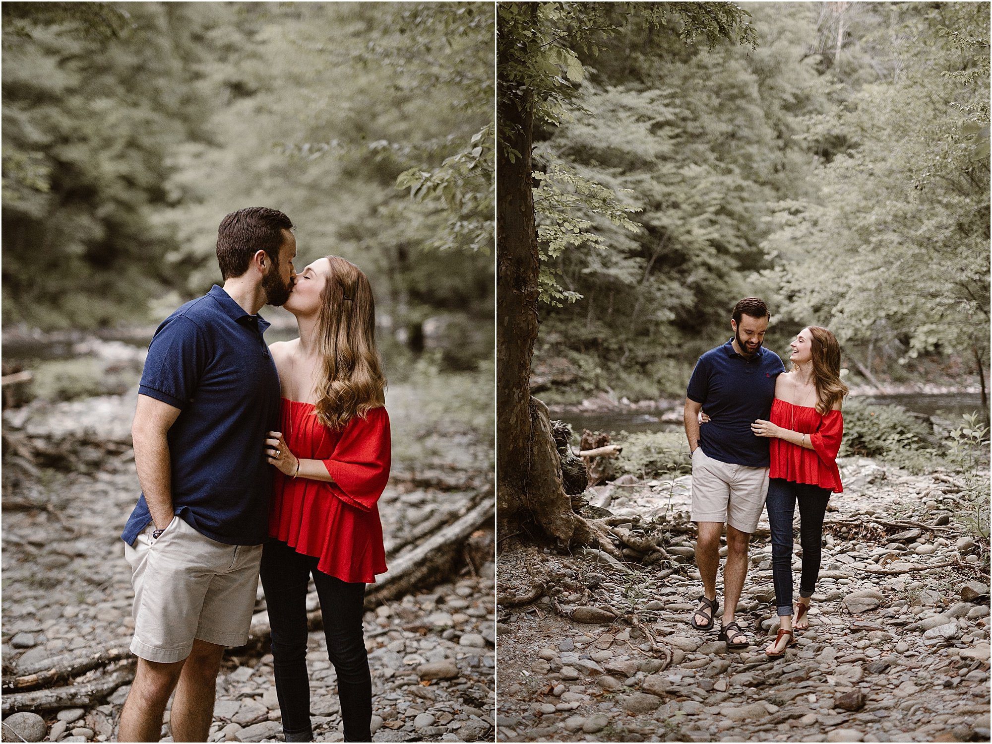 girl in red shirt kissing boy in blue shirt on riverbanks
