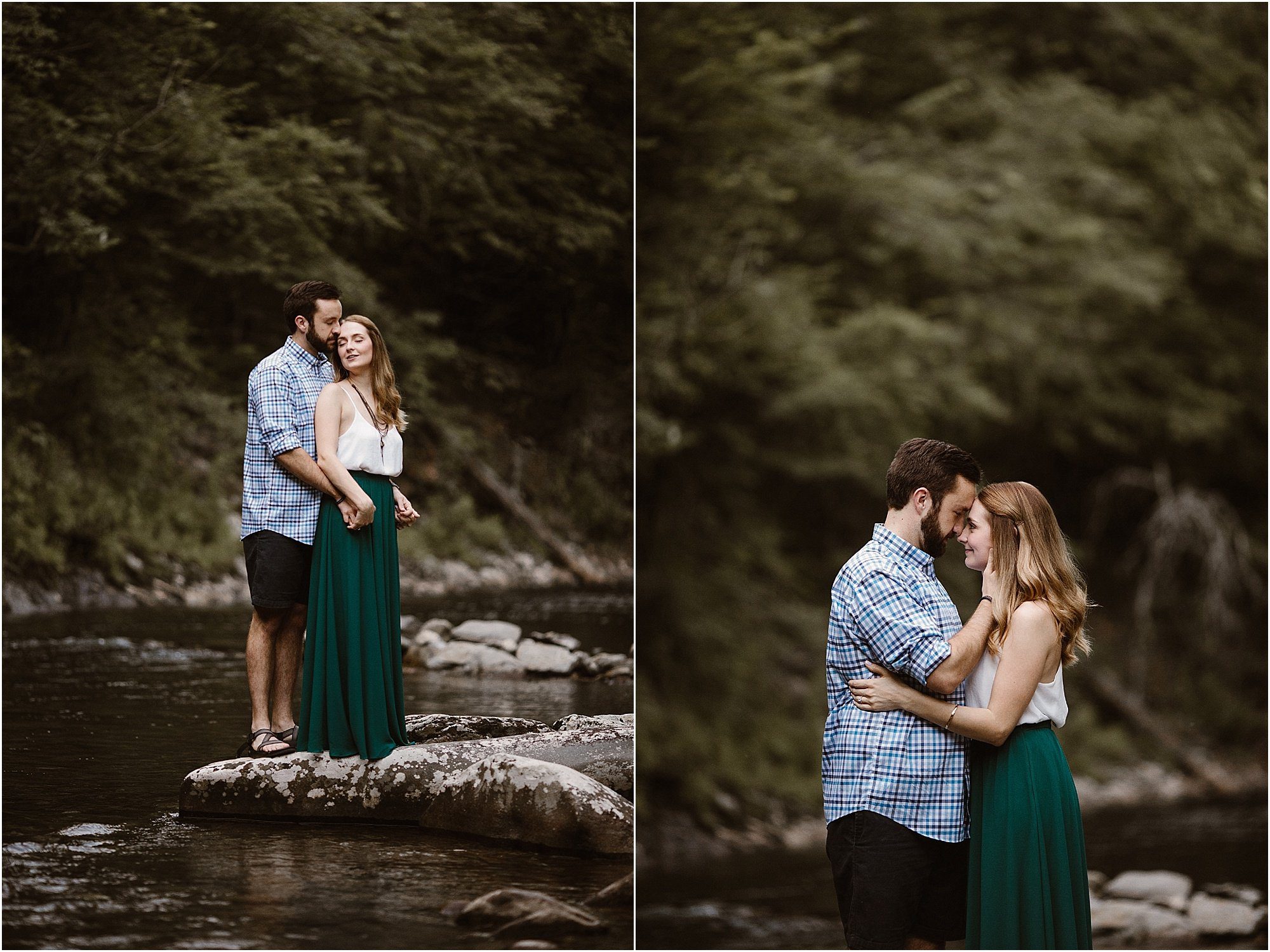 man and woman hugging and kissing while standing on rocks on riverbed