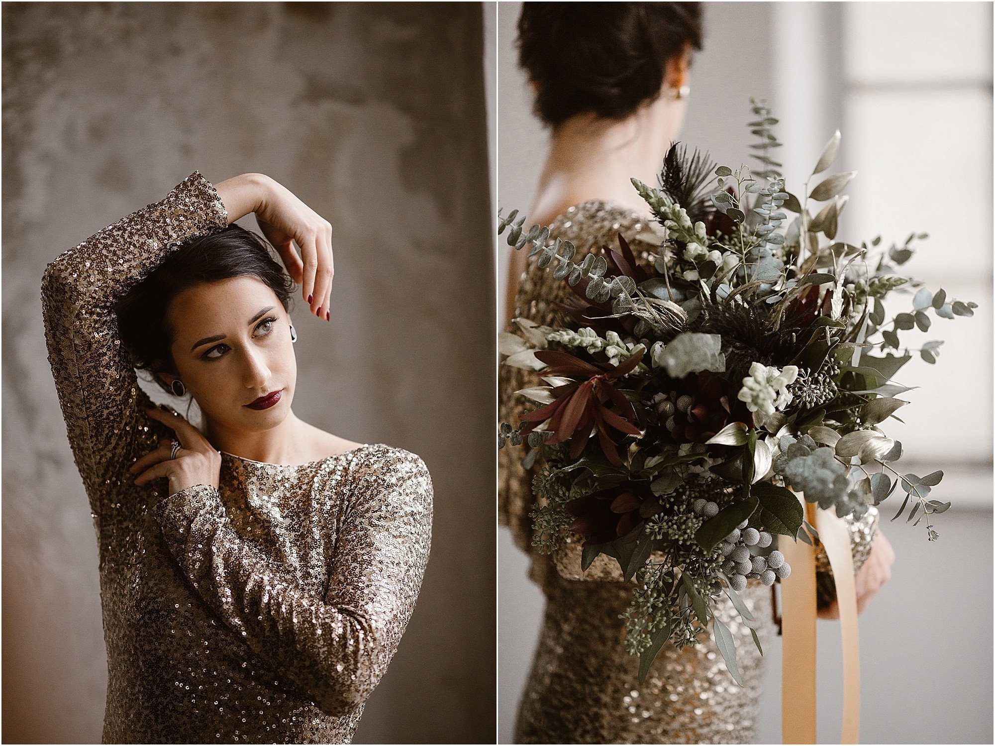 bride in gold sequin dress holds moody wedding bouquet 