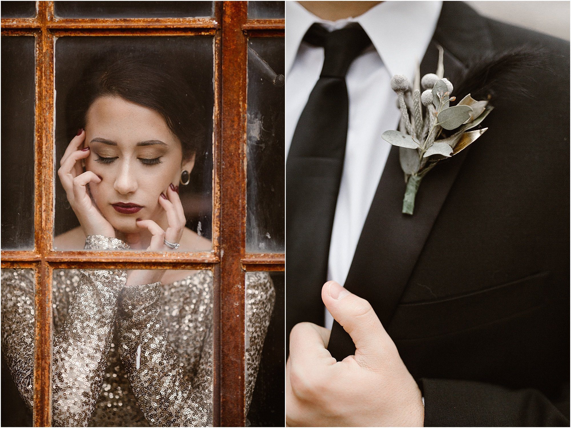 woman stands in front of window wearing gold wedding dress and man holds black jacket with black tie