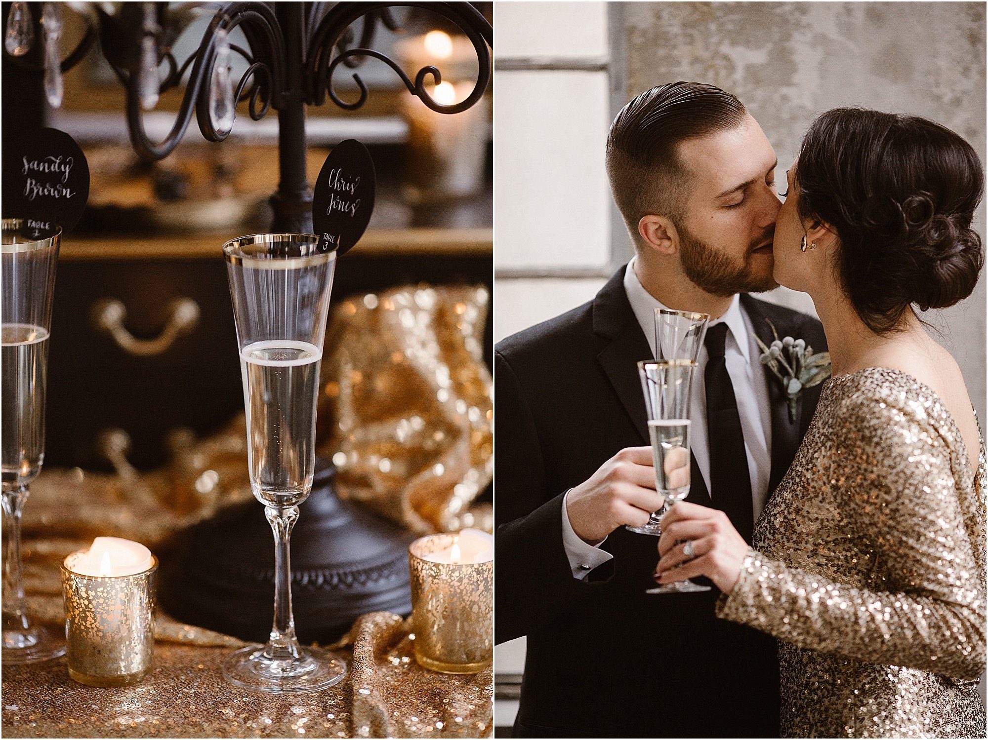 man and woman hold champagne glasses and toast and kiss at black and gold wedding in Knoxville