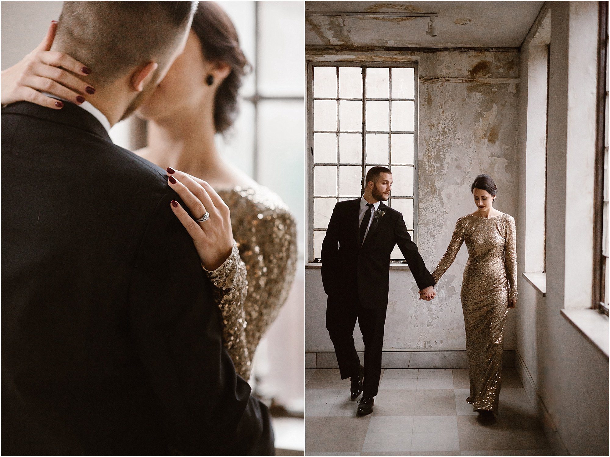 man and woman walk holding hands at black and gold wedding inspiration