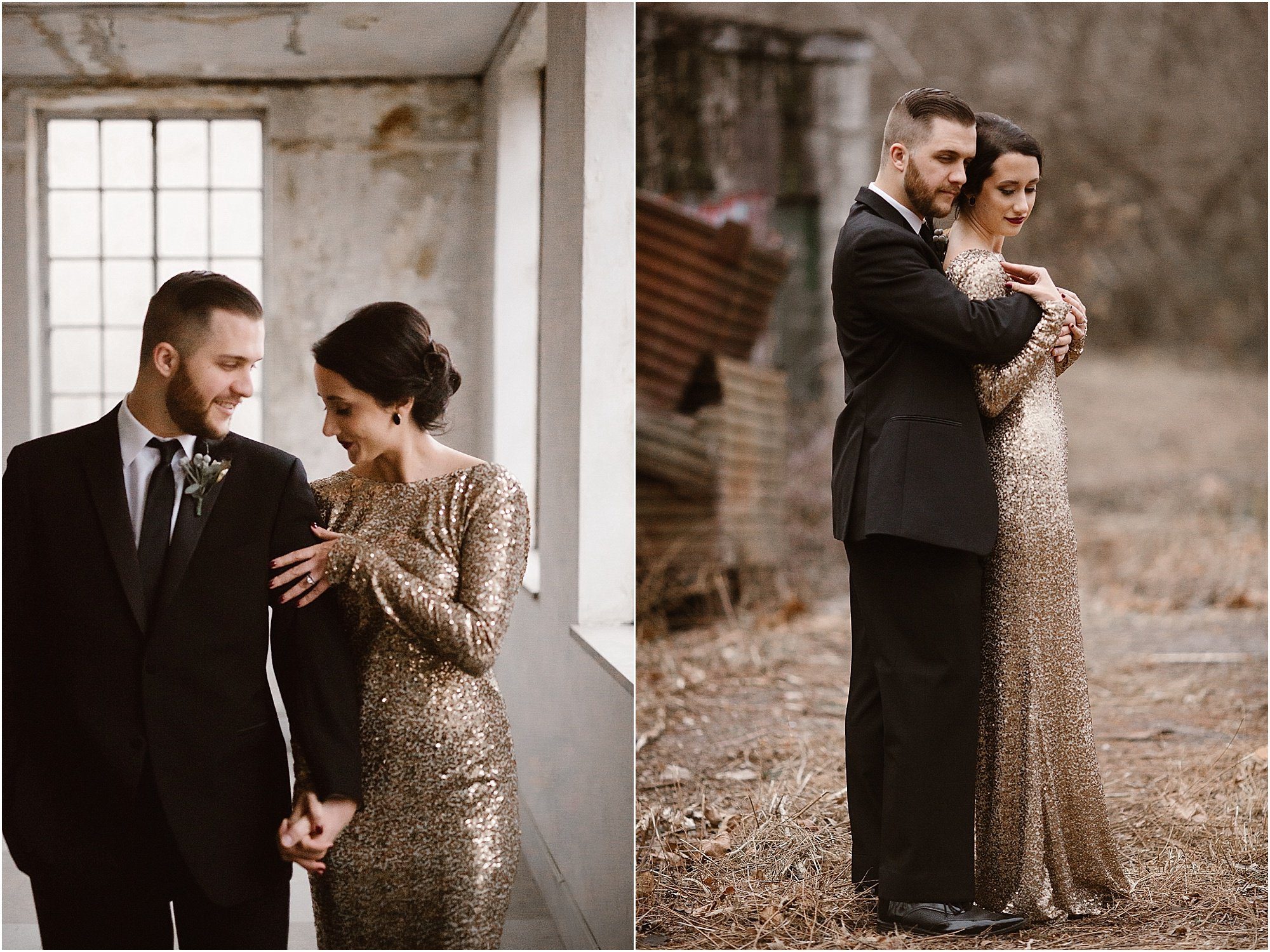 wedding couple photos on man in black suit and woman in gold wedding dress