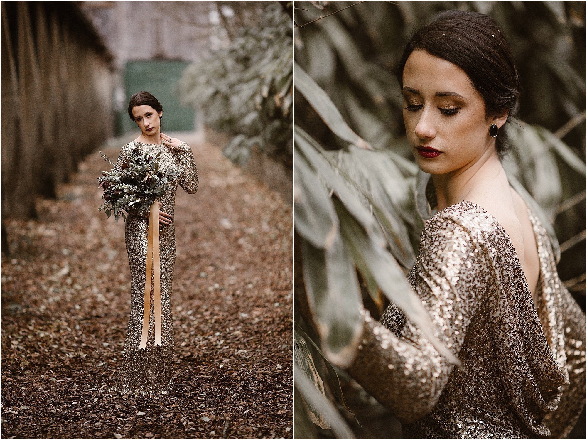 woman stands in alley holding lush moody wedding bouquet with gold ribbon