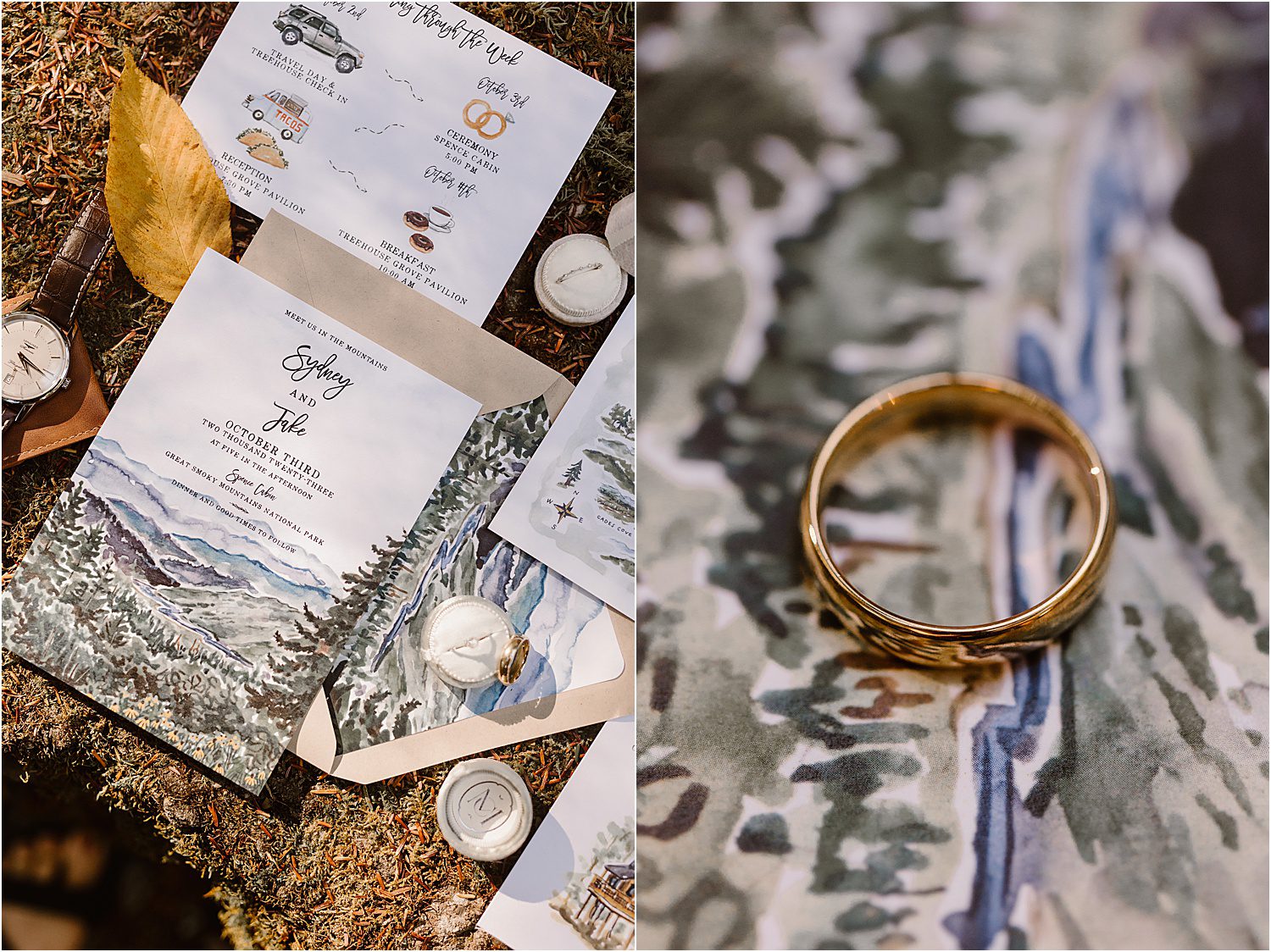 flat lay wedding details at elopement in the Smokies including rings, shoes, and invitations