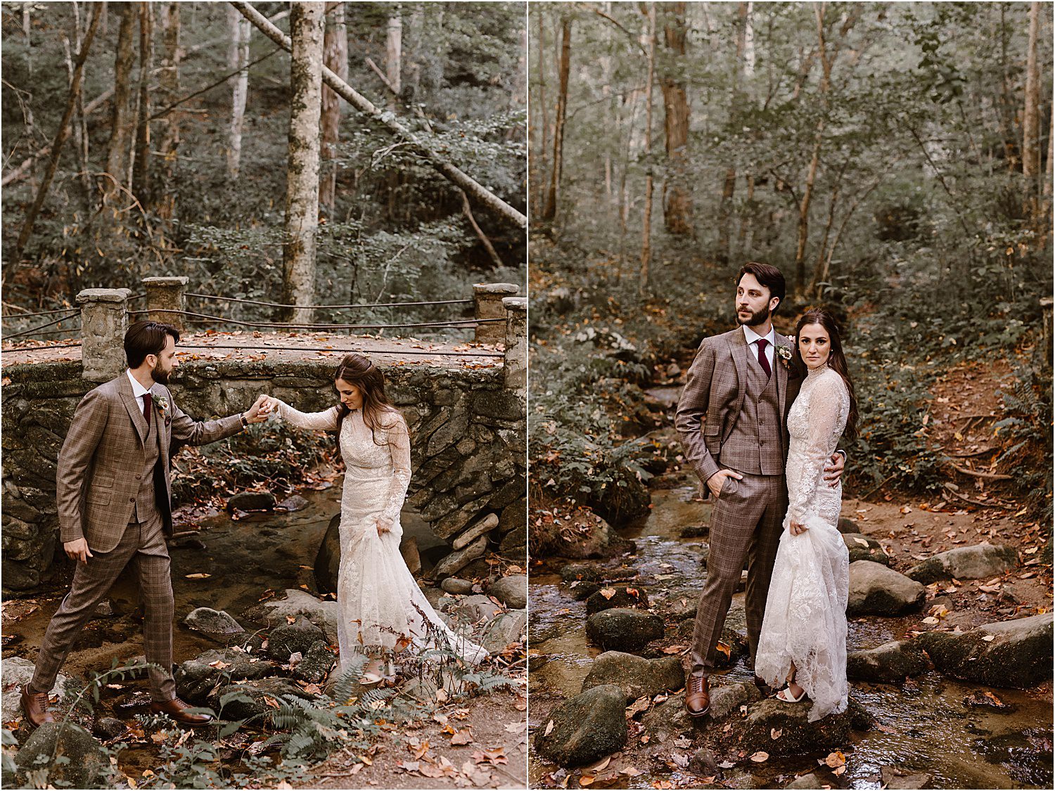 man leads woman into creek at Spence cabin wedding in The Great Smoky Mountain National Park