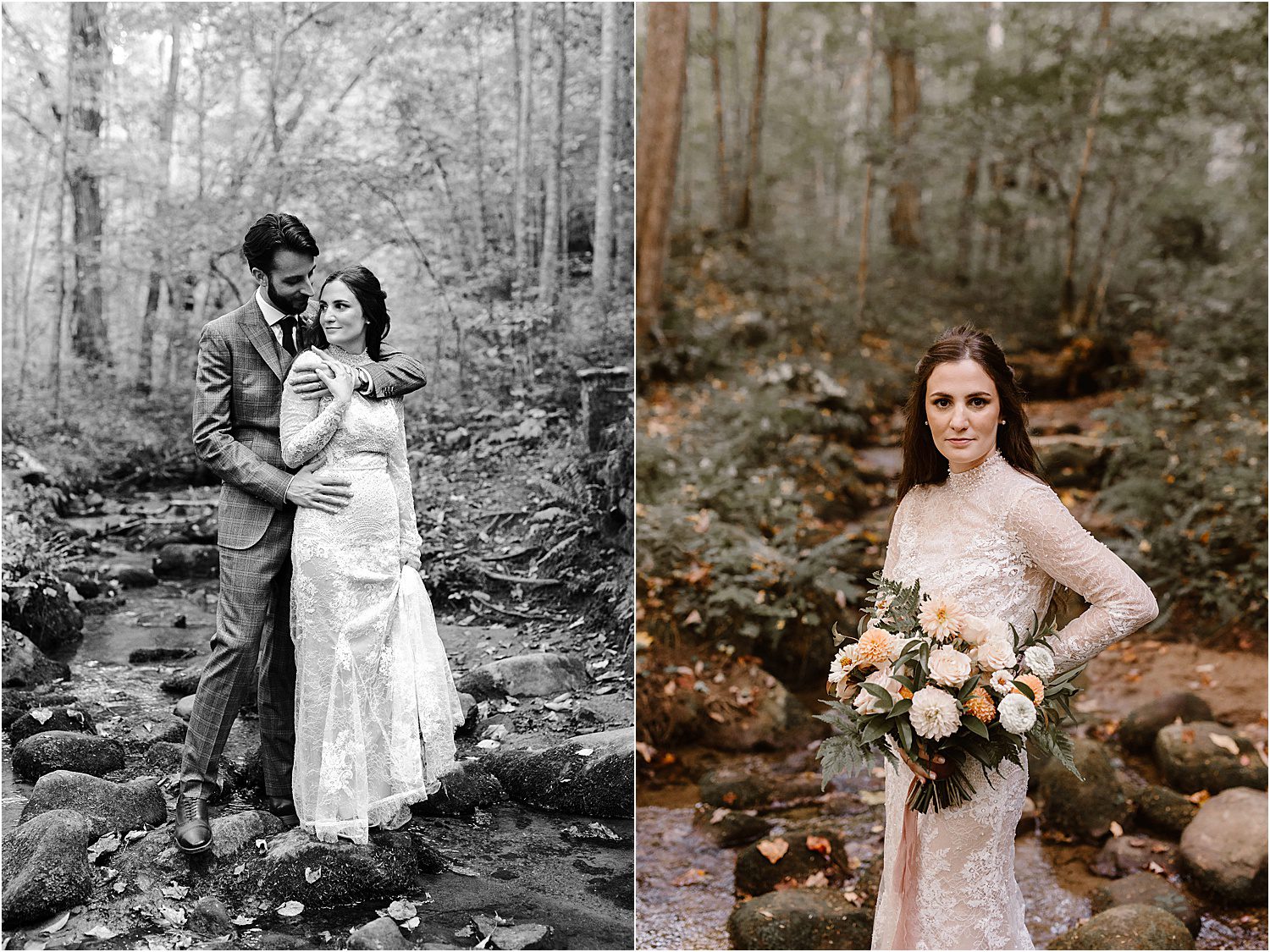 groom and bride kiss while standing on rocks in river during Spence Cabin elopement 