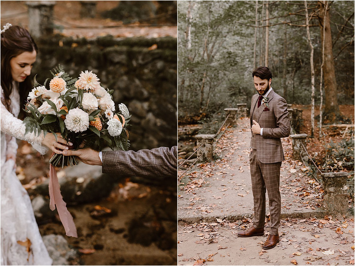 Elkmont Elopement near stone troll bridge with groom in plaid brown suite and jacket