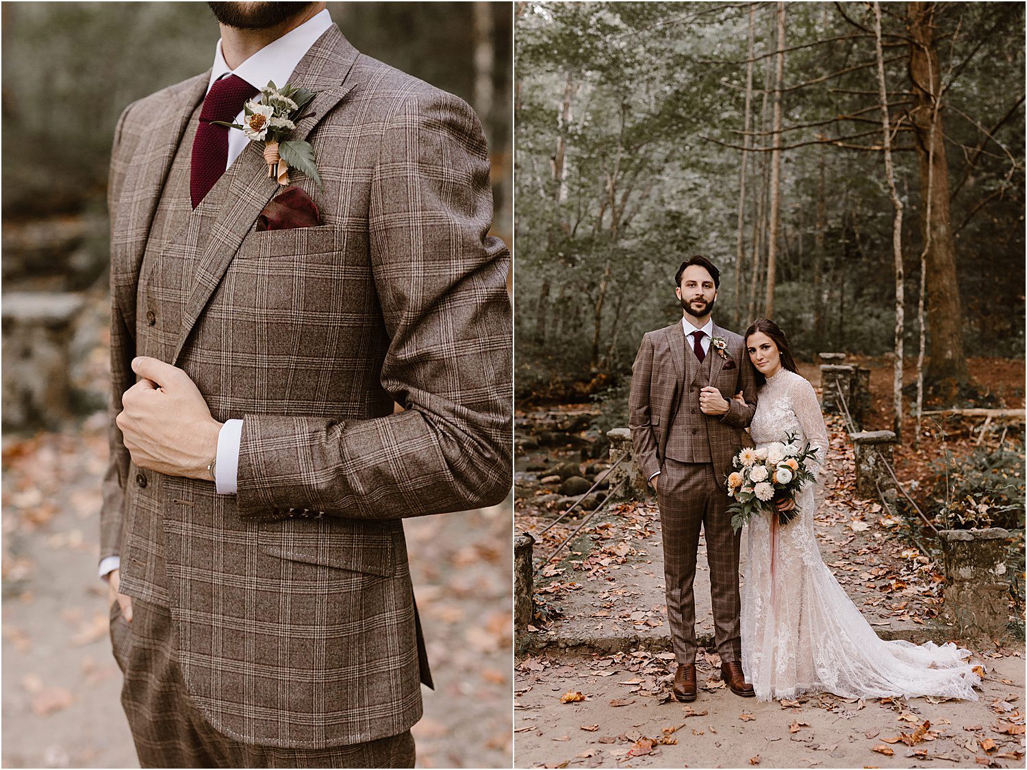 man stands in plaid brown three-piece suit with woman in white wedding dress holding bouquet