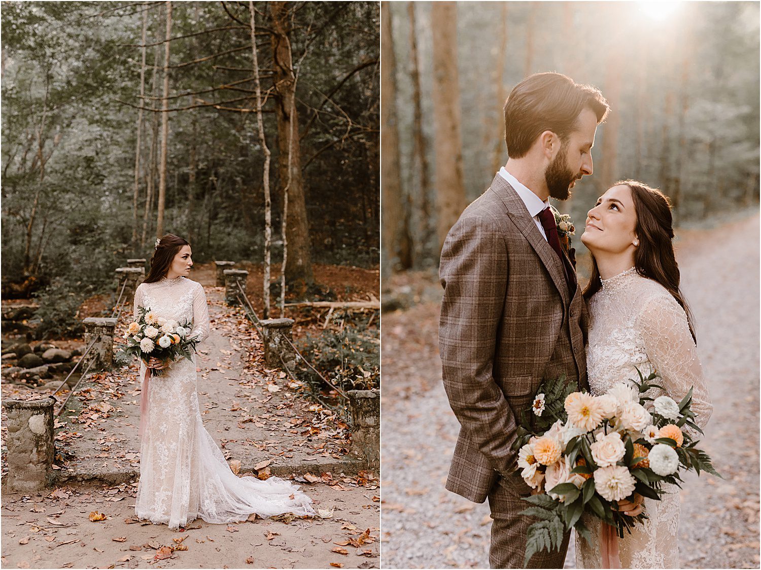 bridal photos at golden hour on Little River Trail in Elkmont 