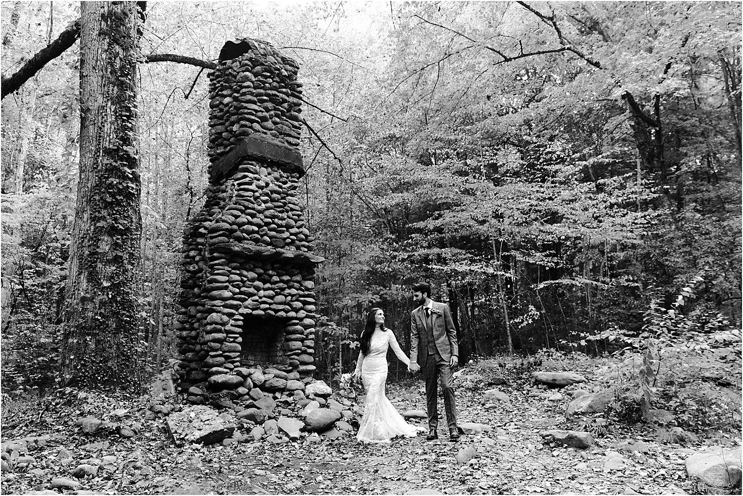 black and white photo at old stone chimney stack near Elkmont Campground in the Smokies