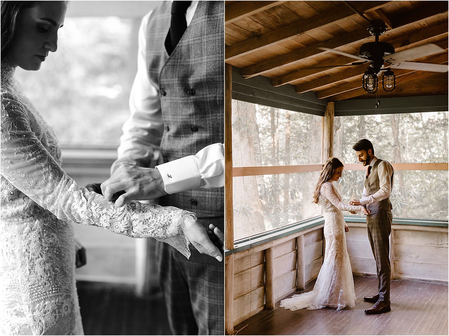 bride and groom dress together on porch of Spence Cabin