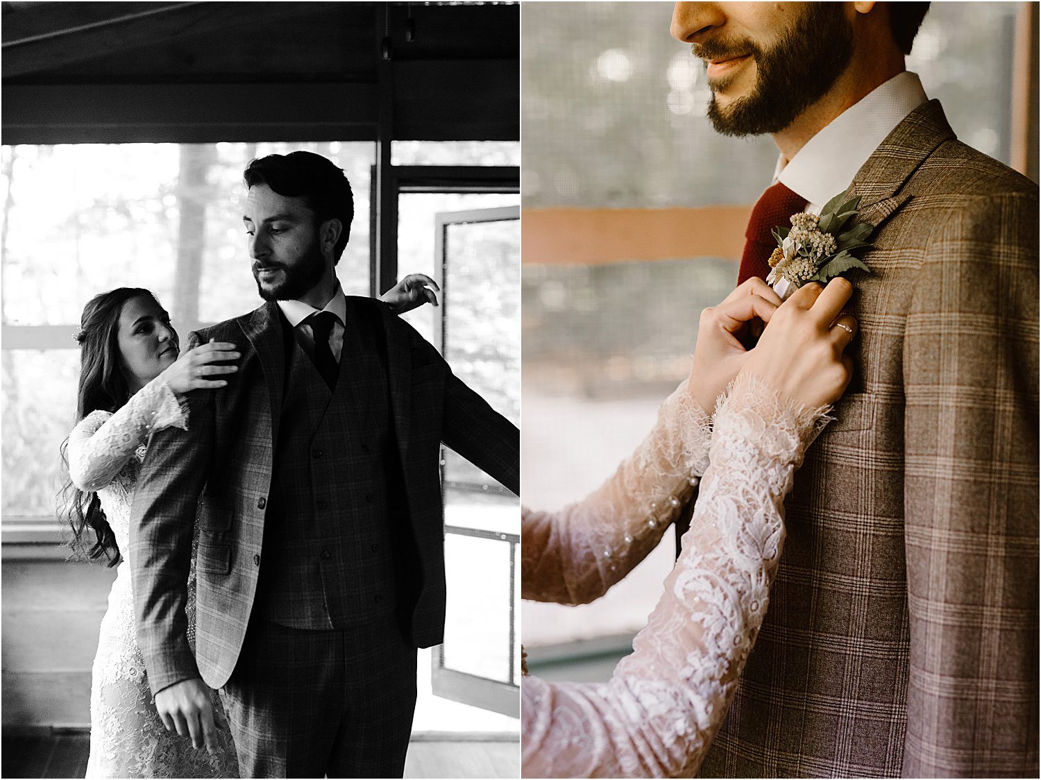 bride and groom help each other get dressed at elopement