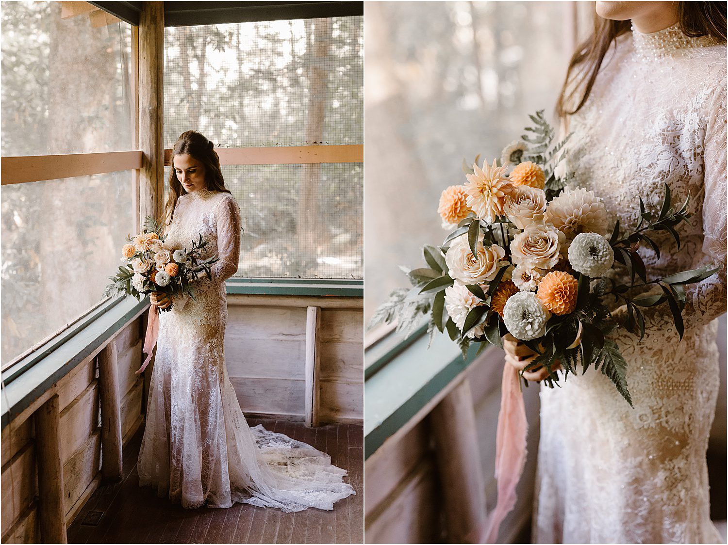 bride stands on screened in porch at Spence Cabin holding wedding bouquet