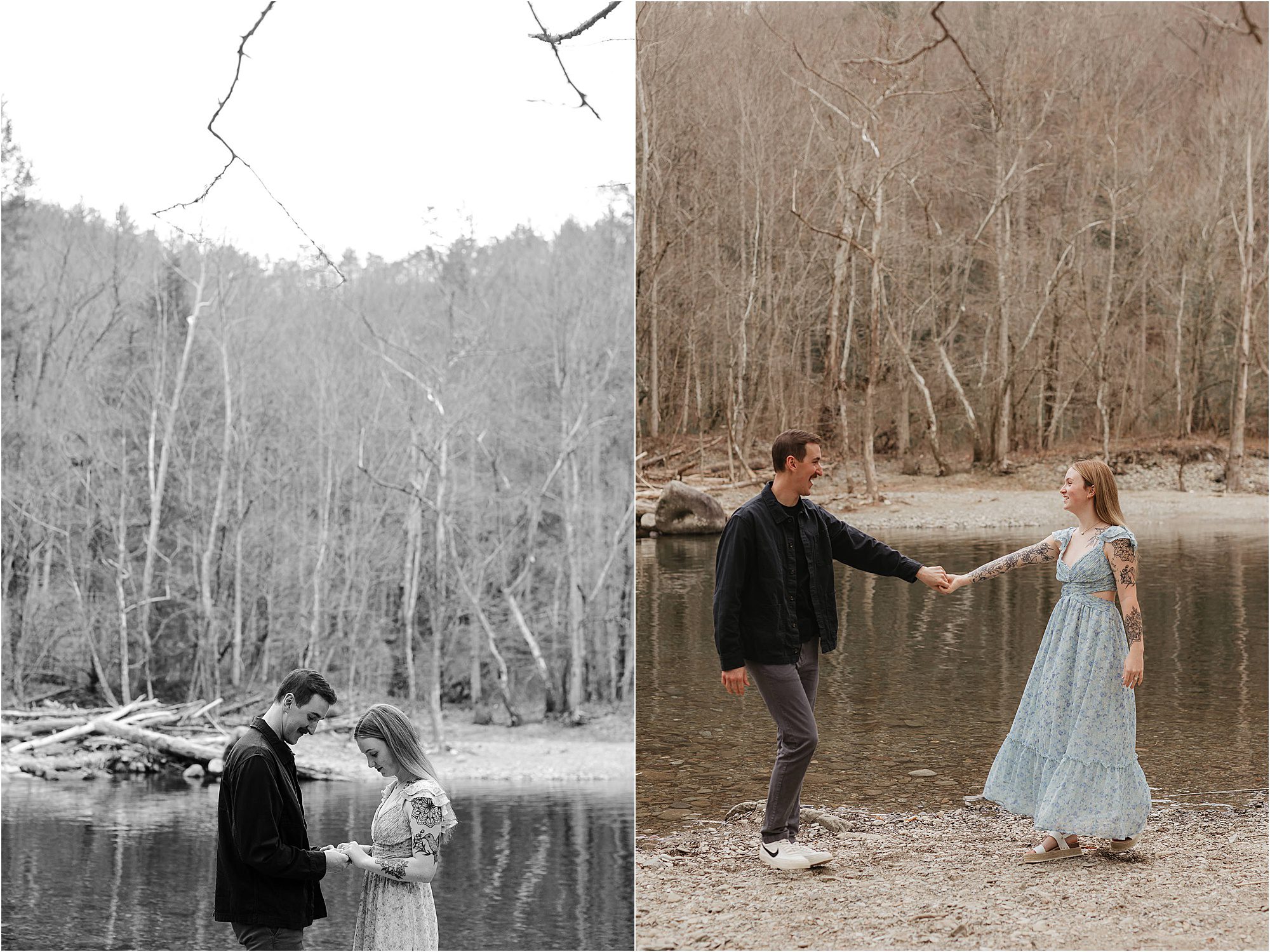 A couple stands by a calm river surrounded by bare trees; in these Townsend Wye engagement photos, they face each other holding hands, and in another, the man leads the woman along the riverbank.