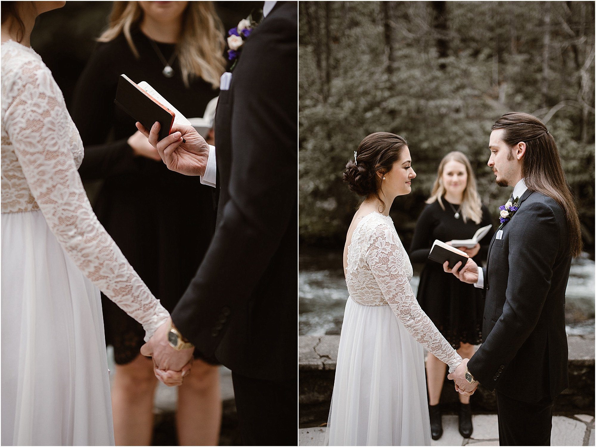 Bride and groom reading vows at elopement in Smokies