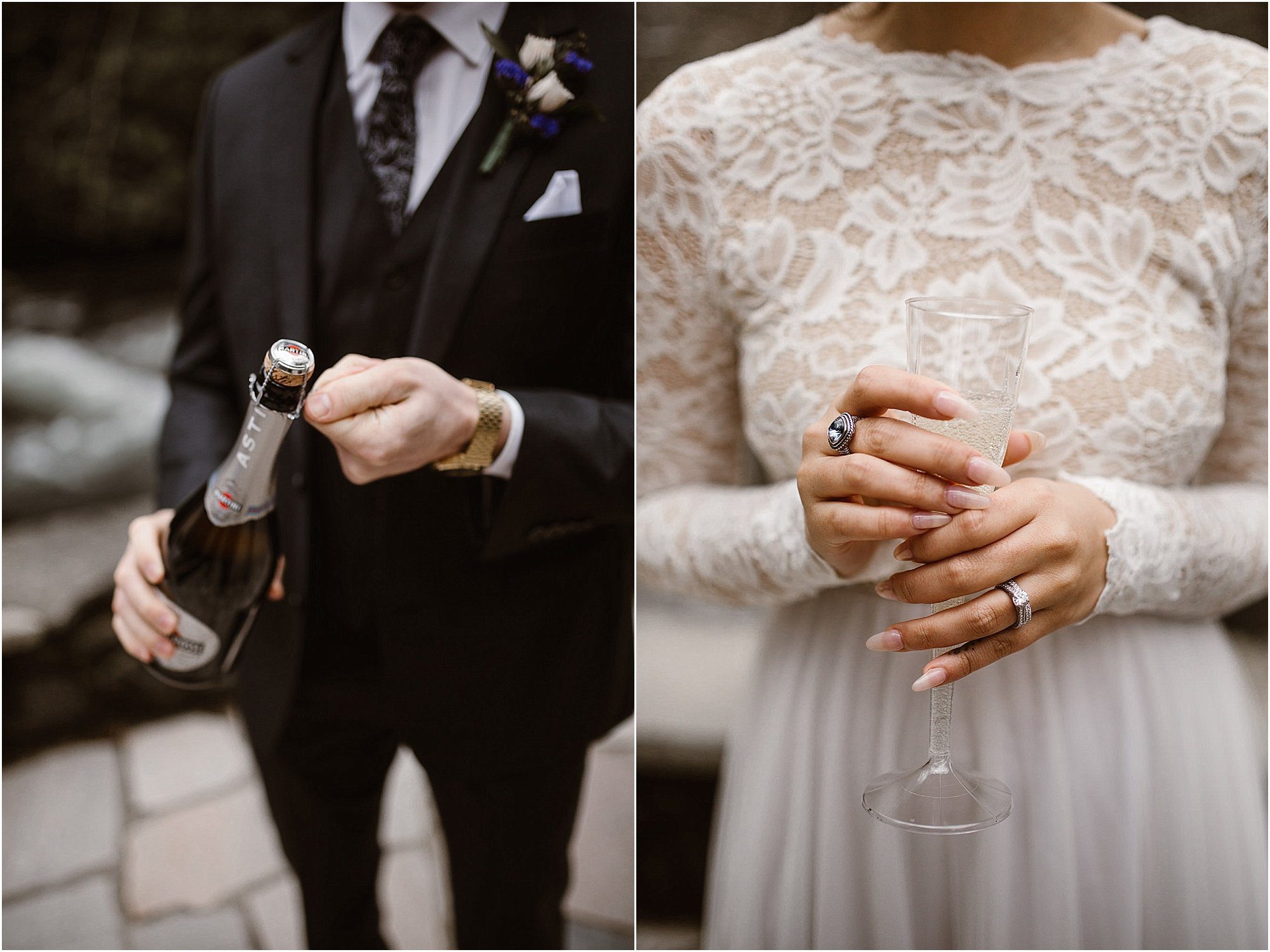 wedding details with champagne at elopement