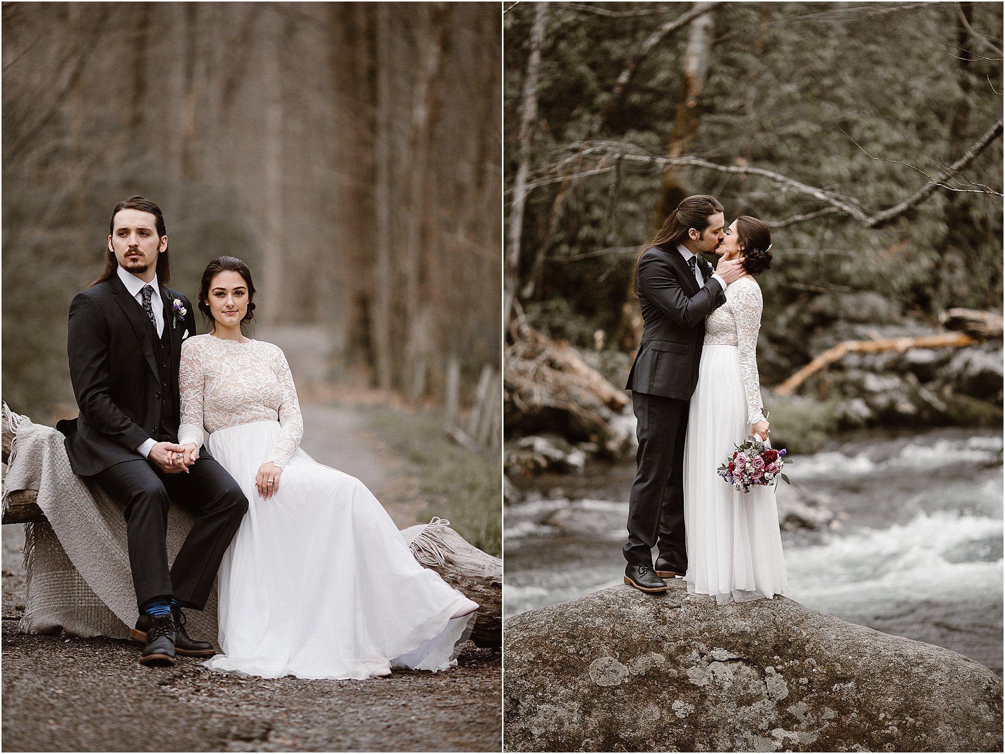 Couple photos on river at elopement in Smokies