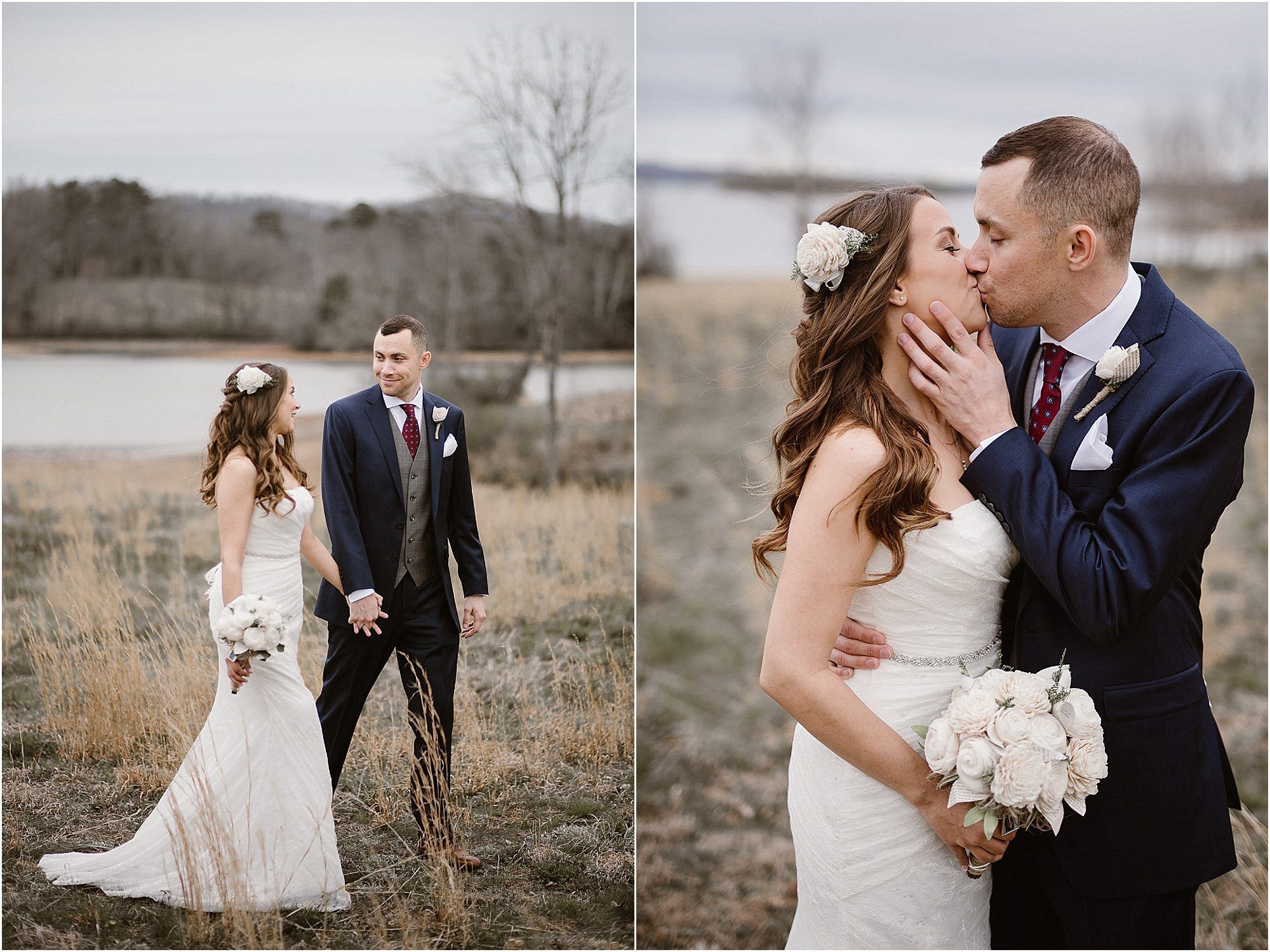 Bride and Groom in field by river in East Tennessee