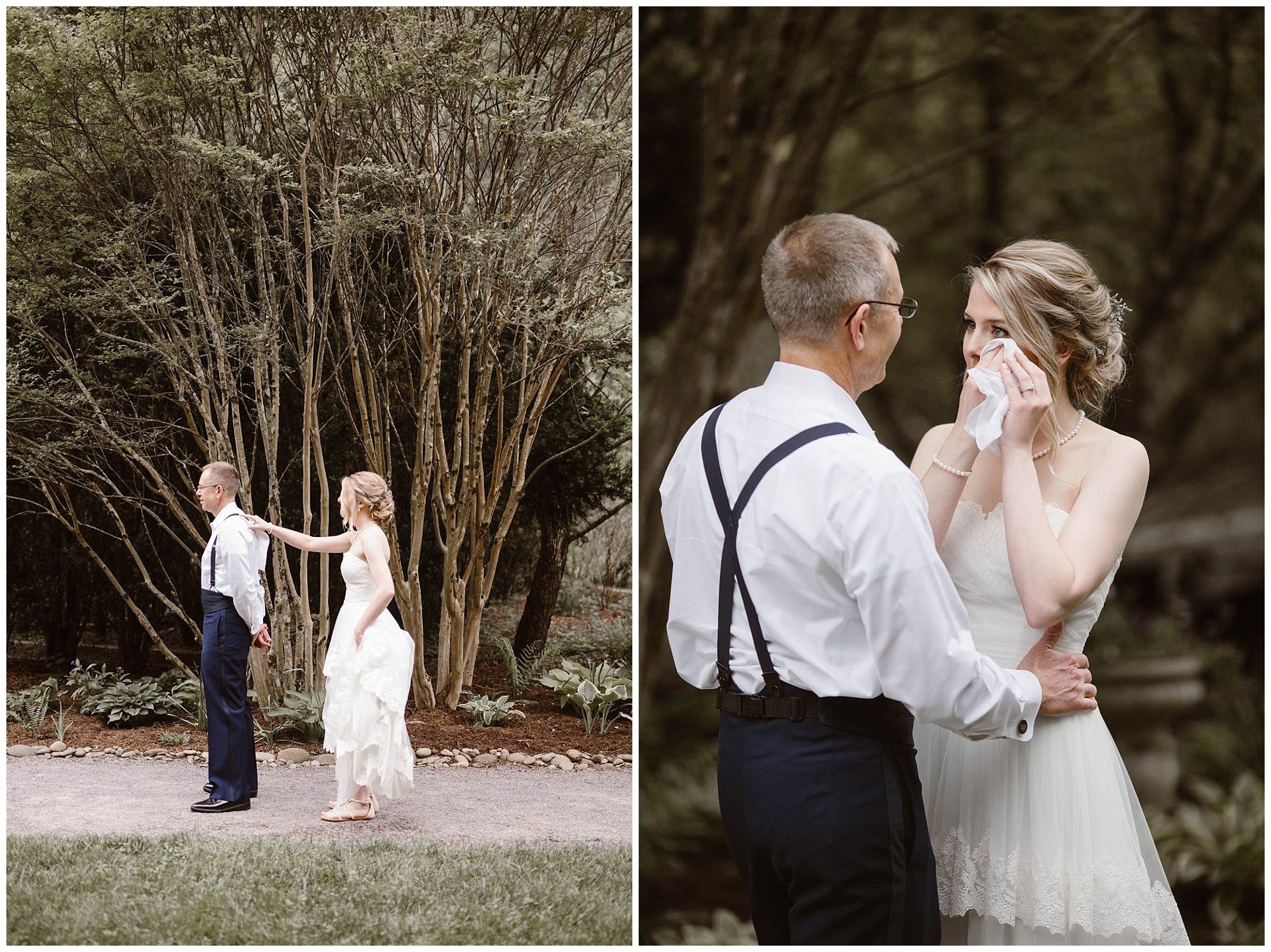 First look photos between bride and her father at The Lily Barn