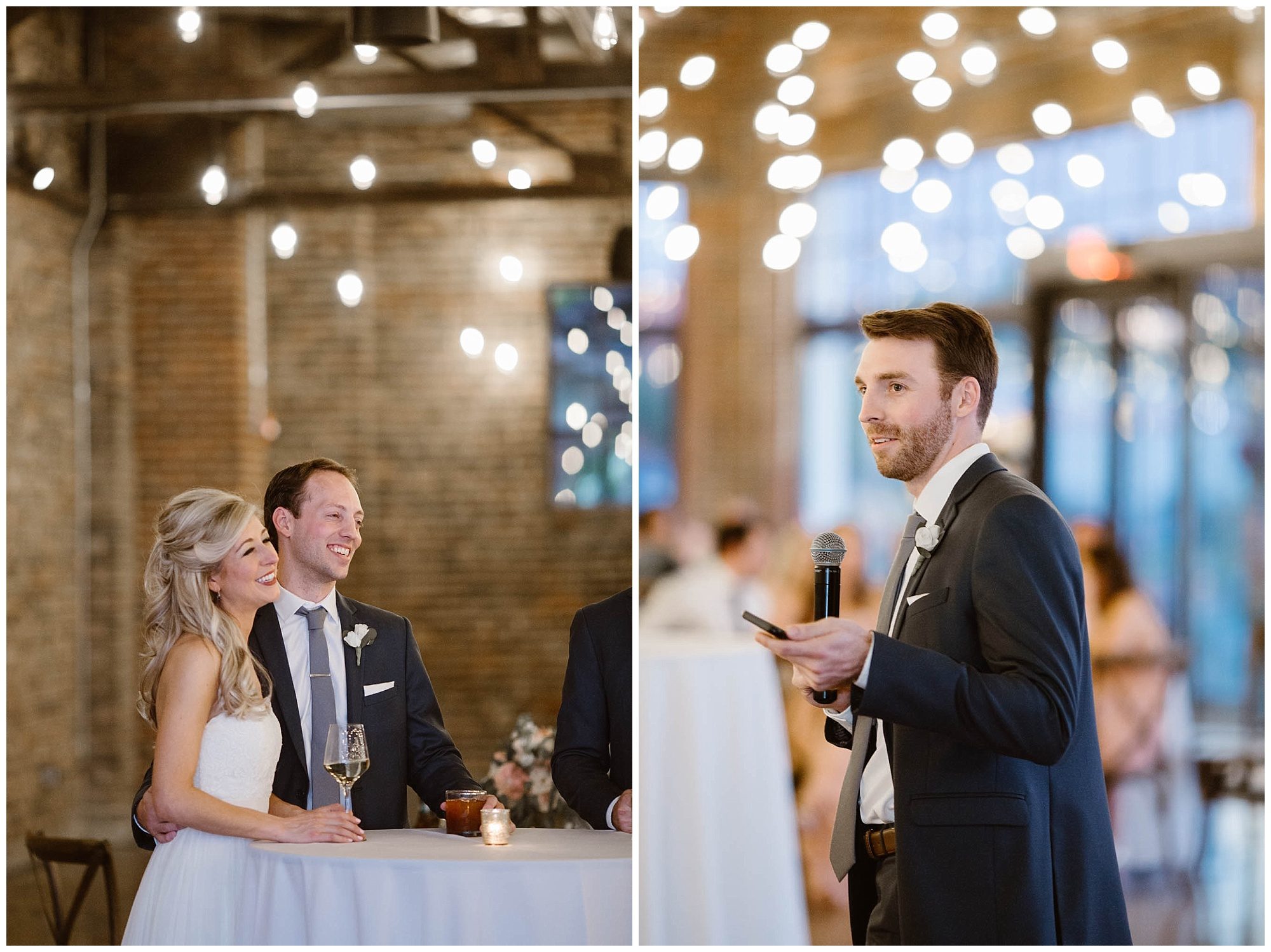 bride and groom laughing at groomsmen while giving toast