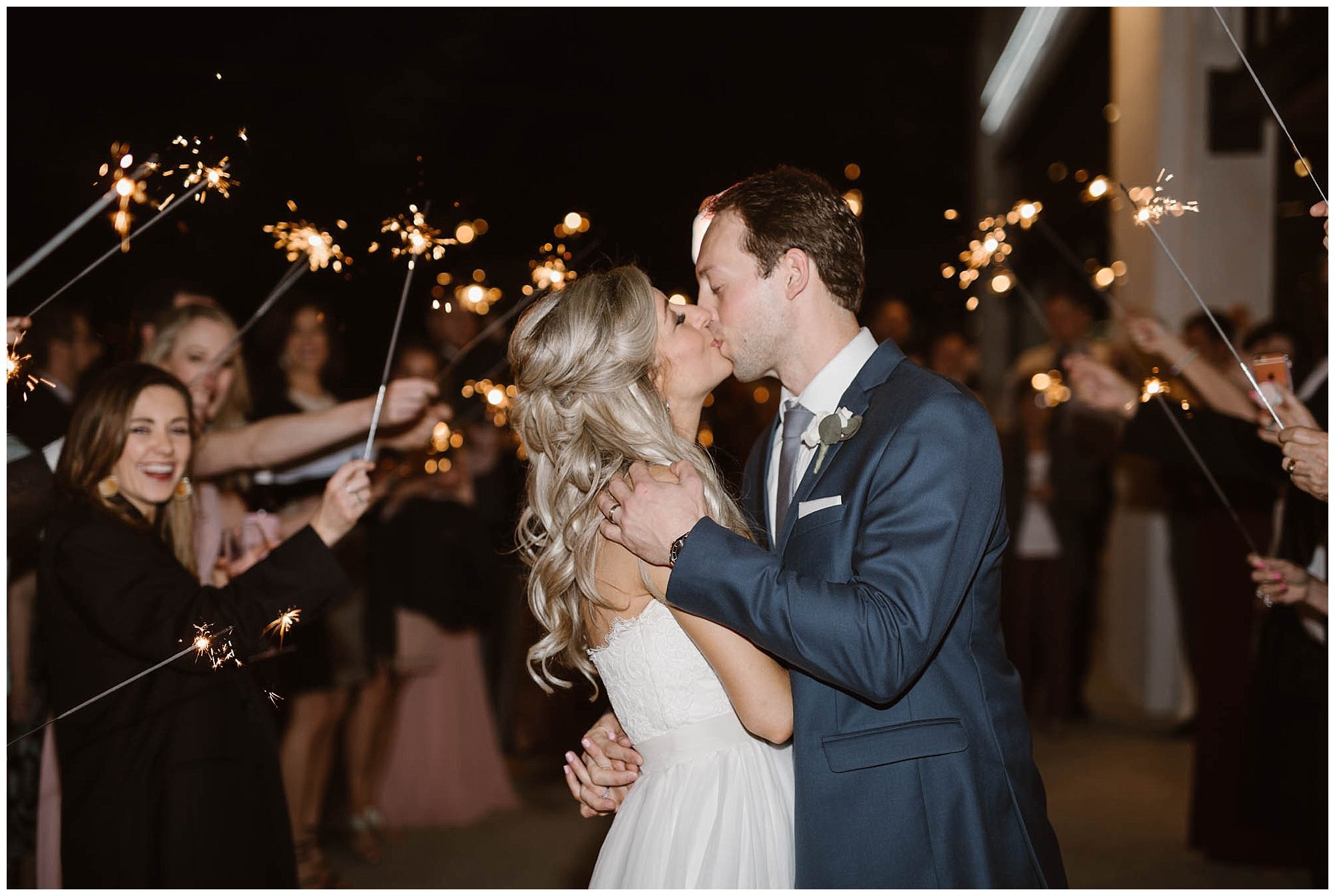 bride and groom kissing during sparkler exit at The Press Room Knoxville Wedding