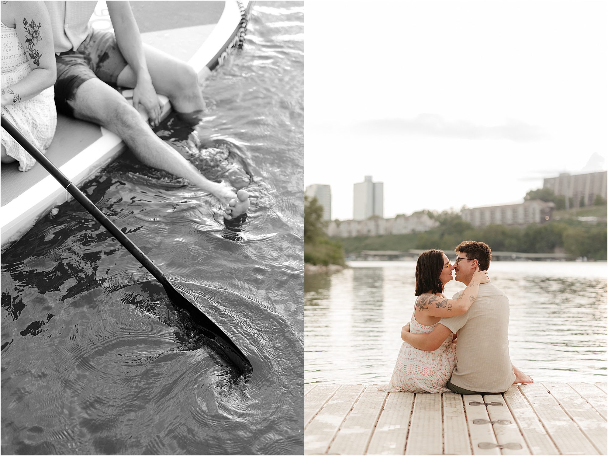 Split image: Left shows a paddle and two people’s legs off a canoe; right shows a couple on a dock, embracing with a cityscape behind. Perfect inspiration from Knoxville Engagement Photographers for the ten things you need to do first after engaged.