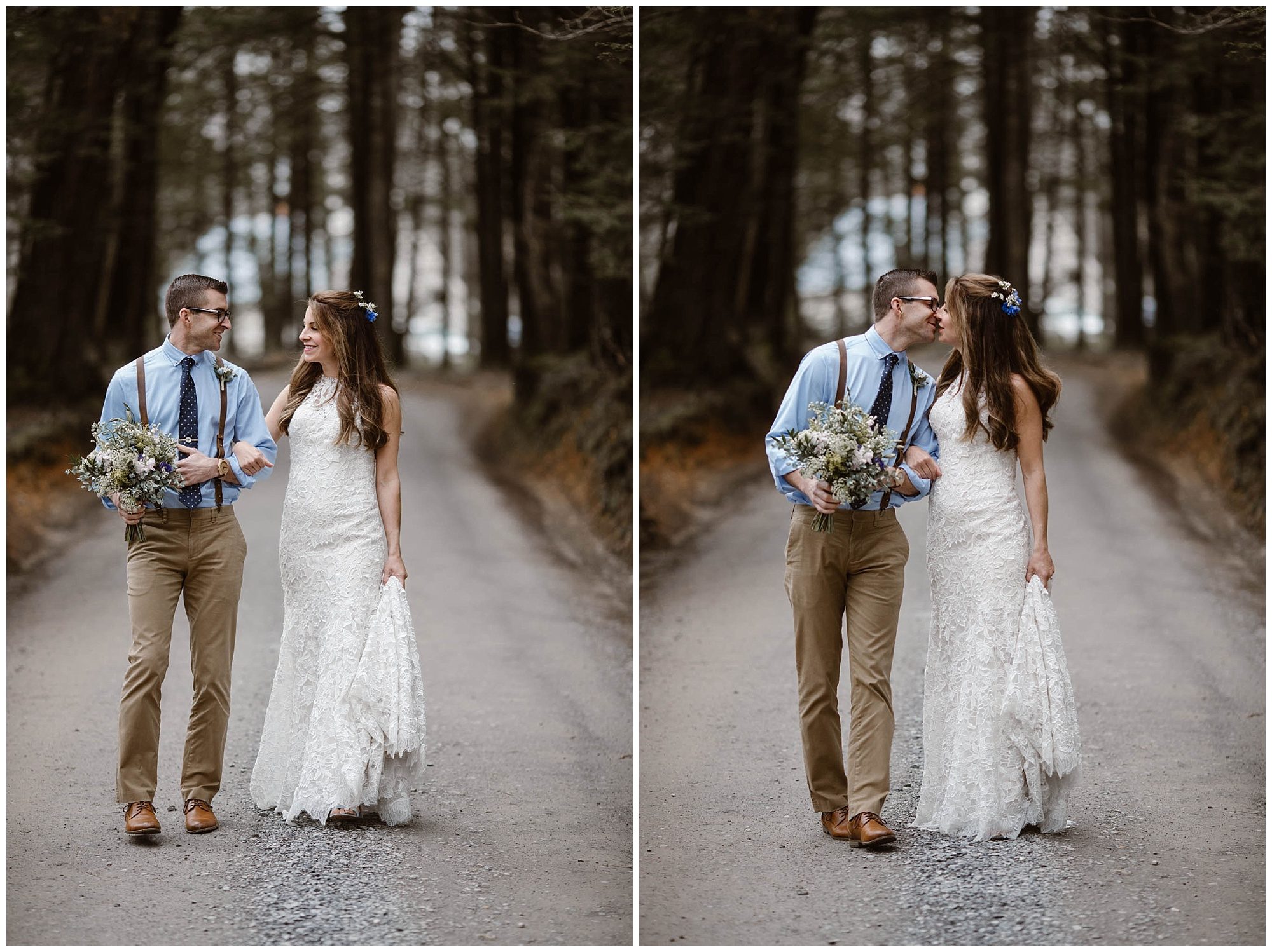 bride and groom kissing in forest on gravel road