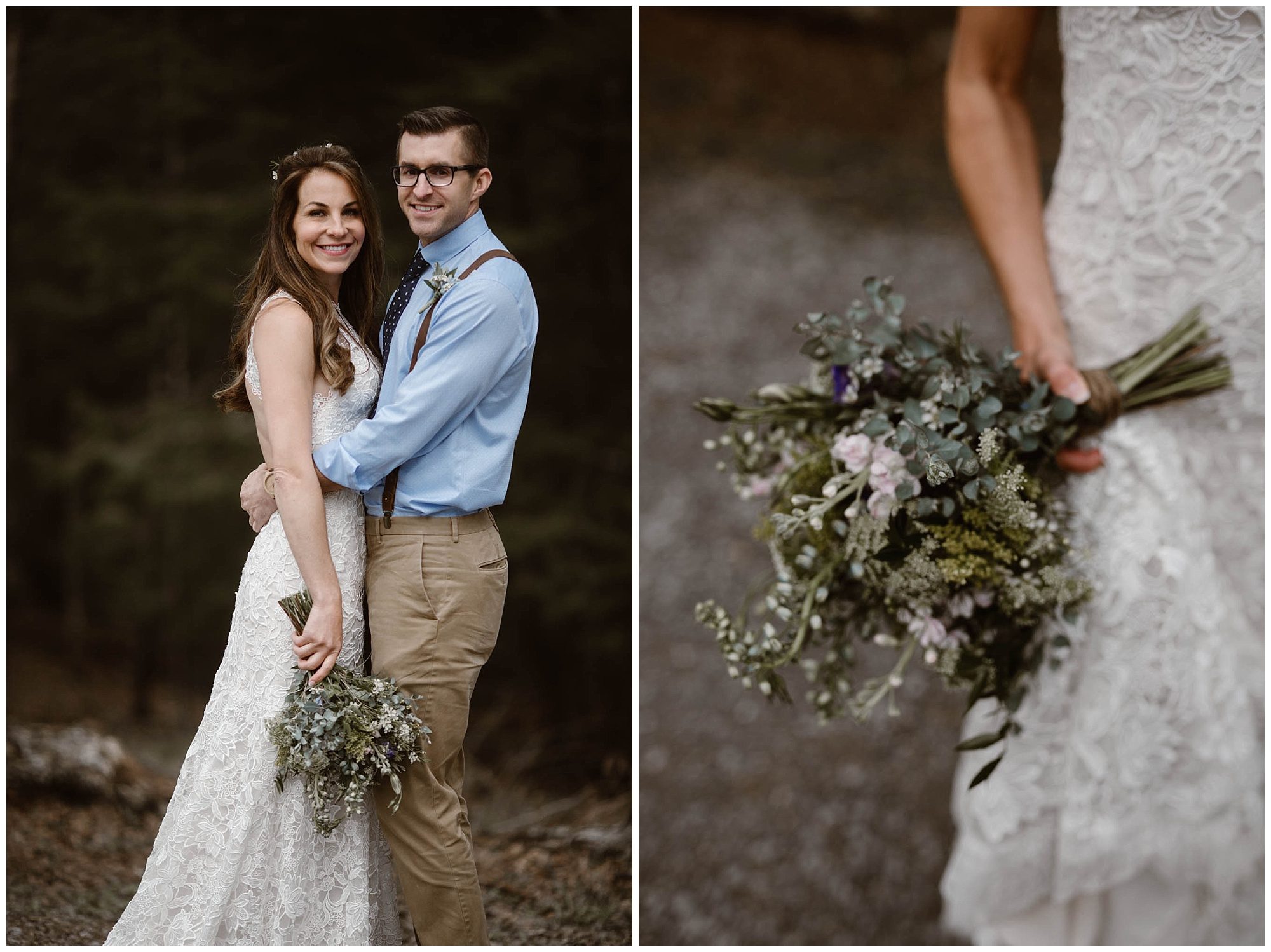 bride and groom embracing while bride holds greenery bouquet from Lisa Foster Floral Design