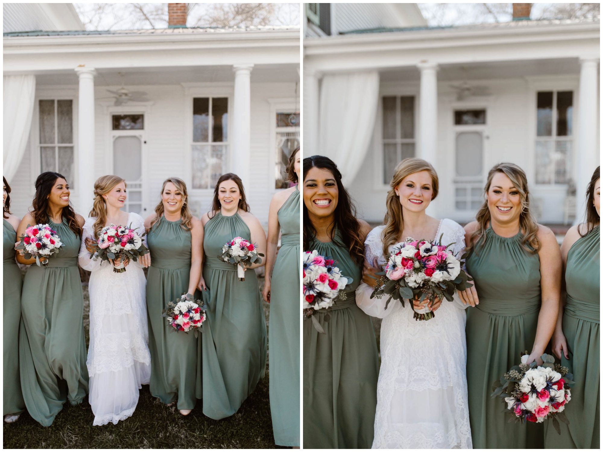 bride and bridesmaids walking outside of white house