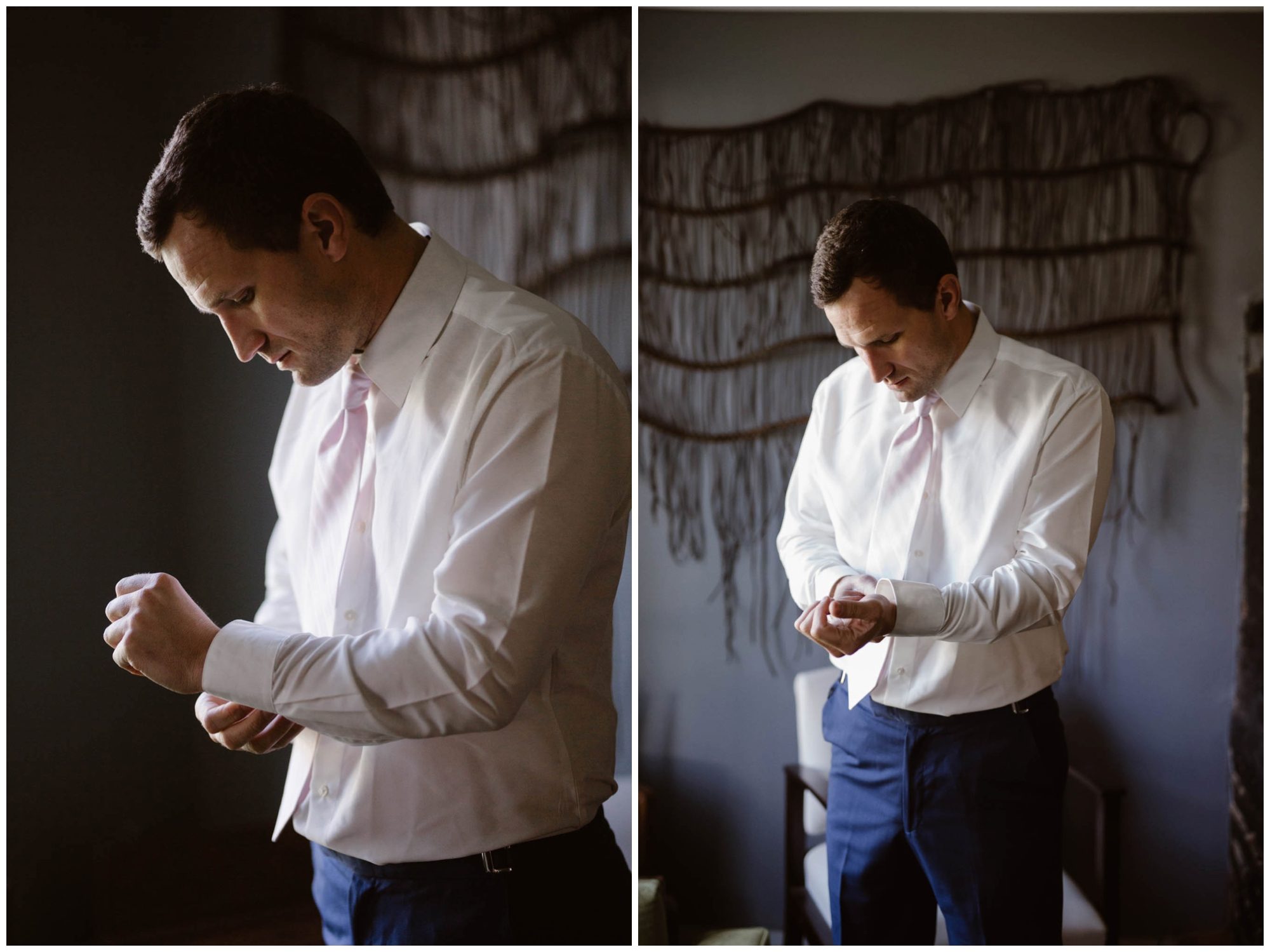 groom putting on white shirt 