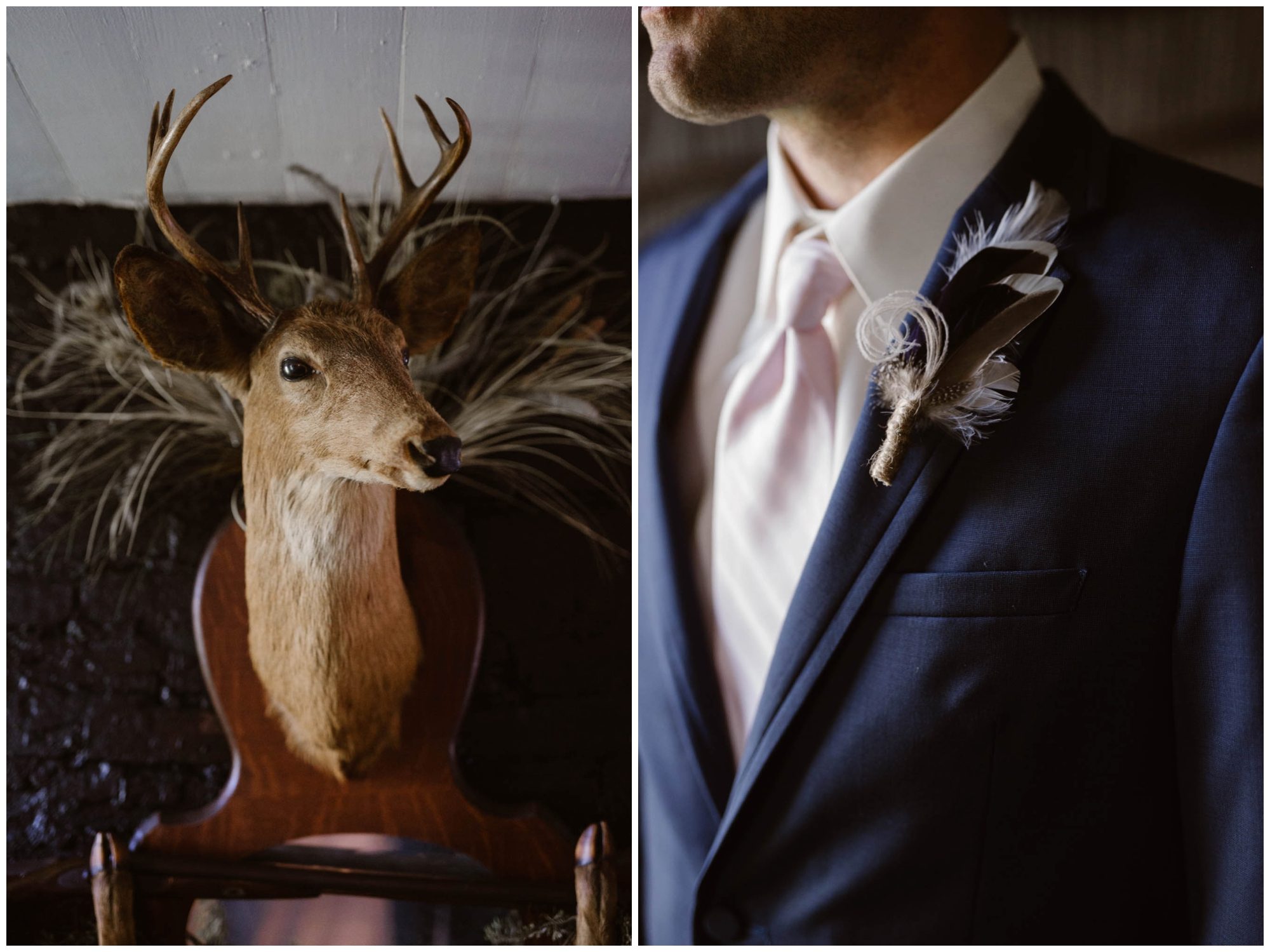 groom wedding details with feather boutonniere