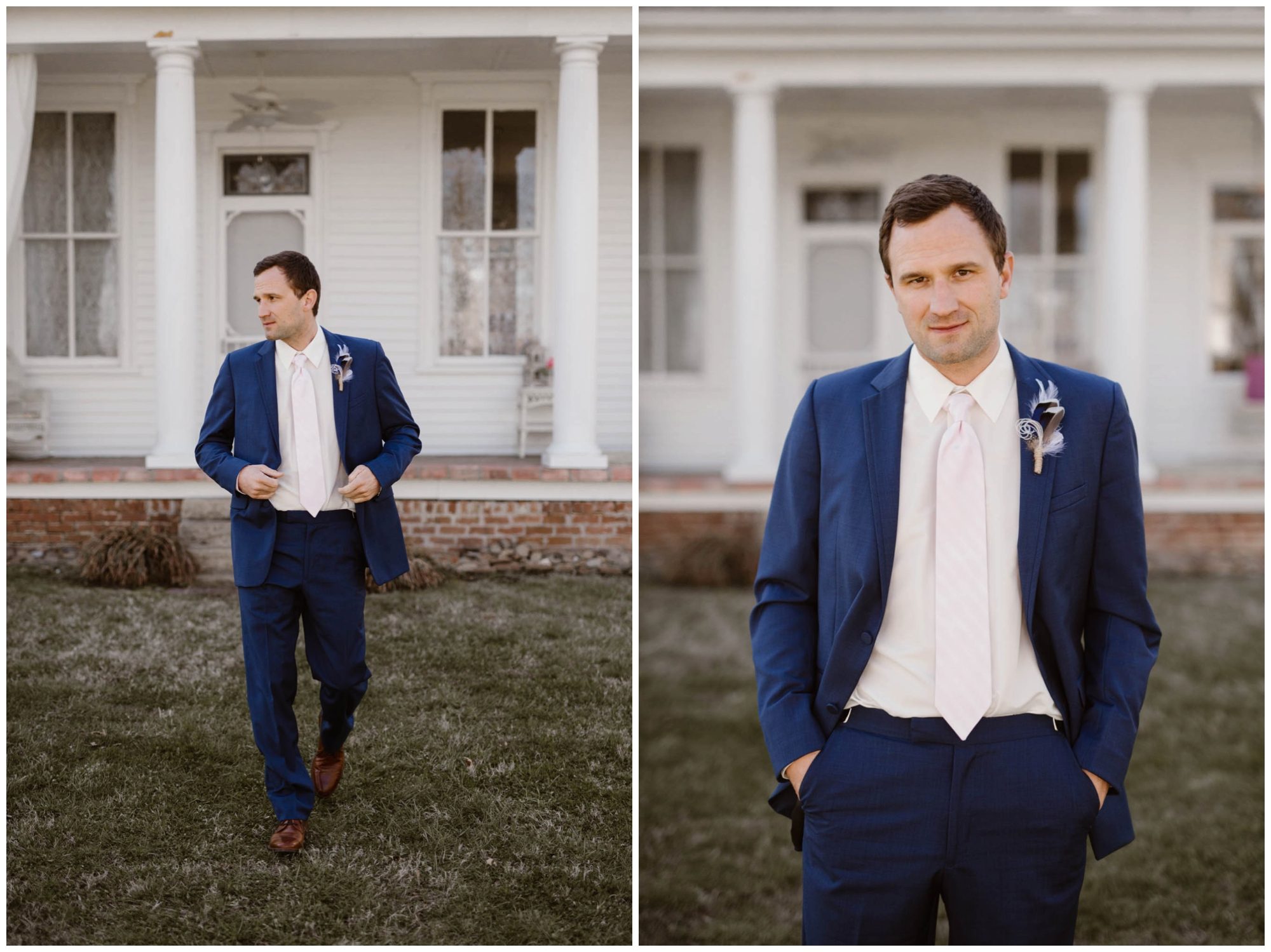 groom in blue suit portraits at wedding