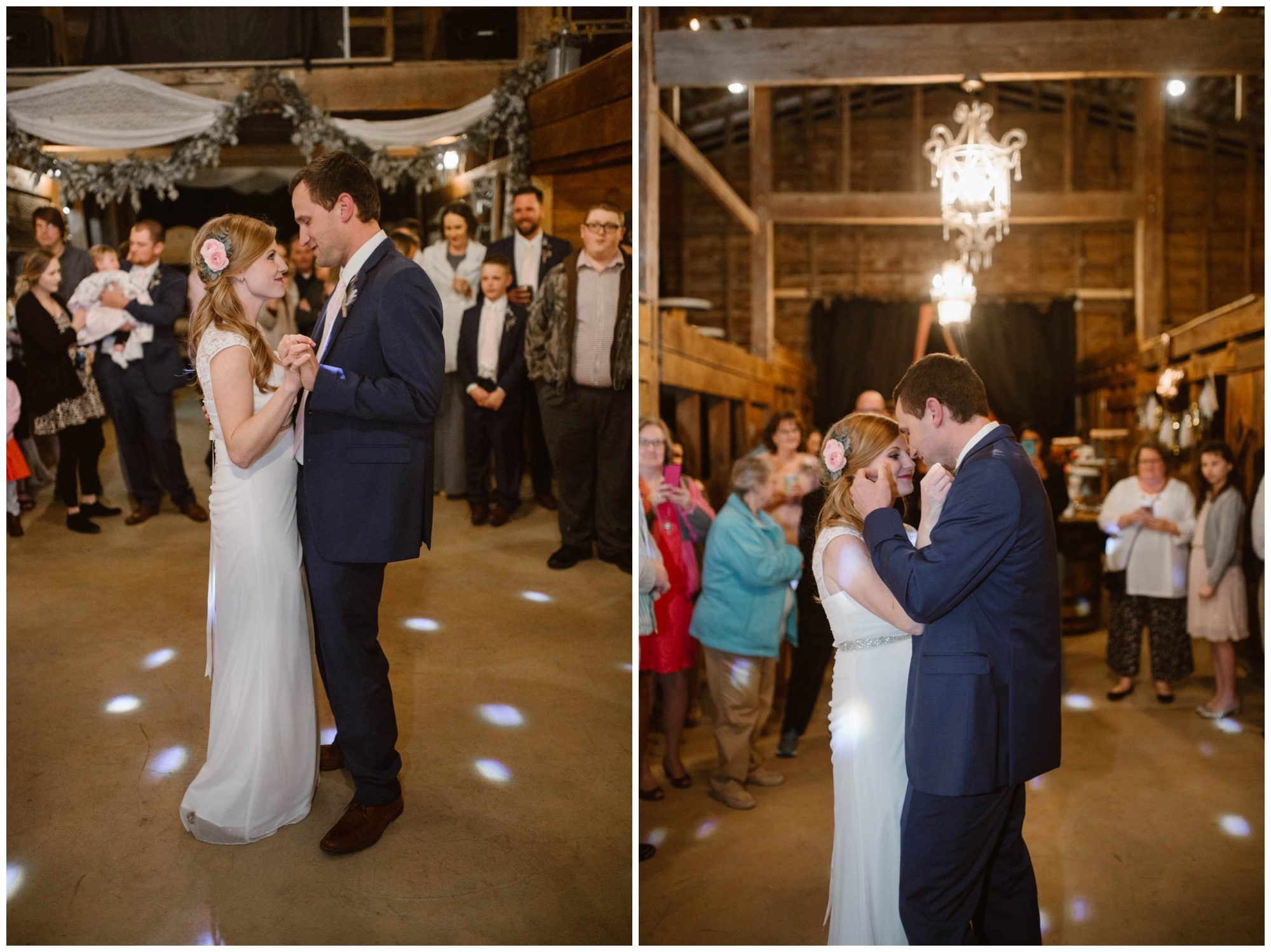 first dance in barn by bride and groom