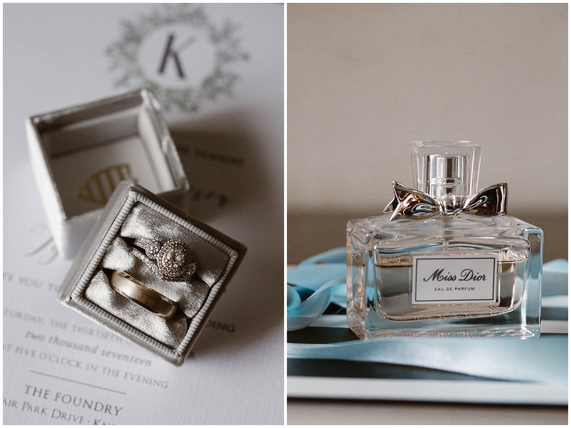 wedding detail photos with rings and perfume