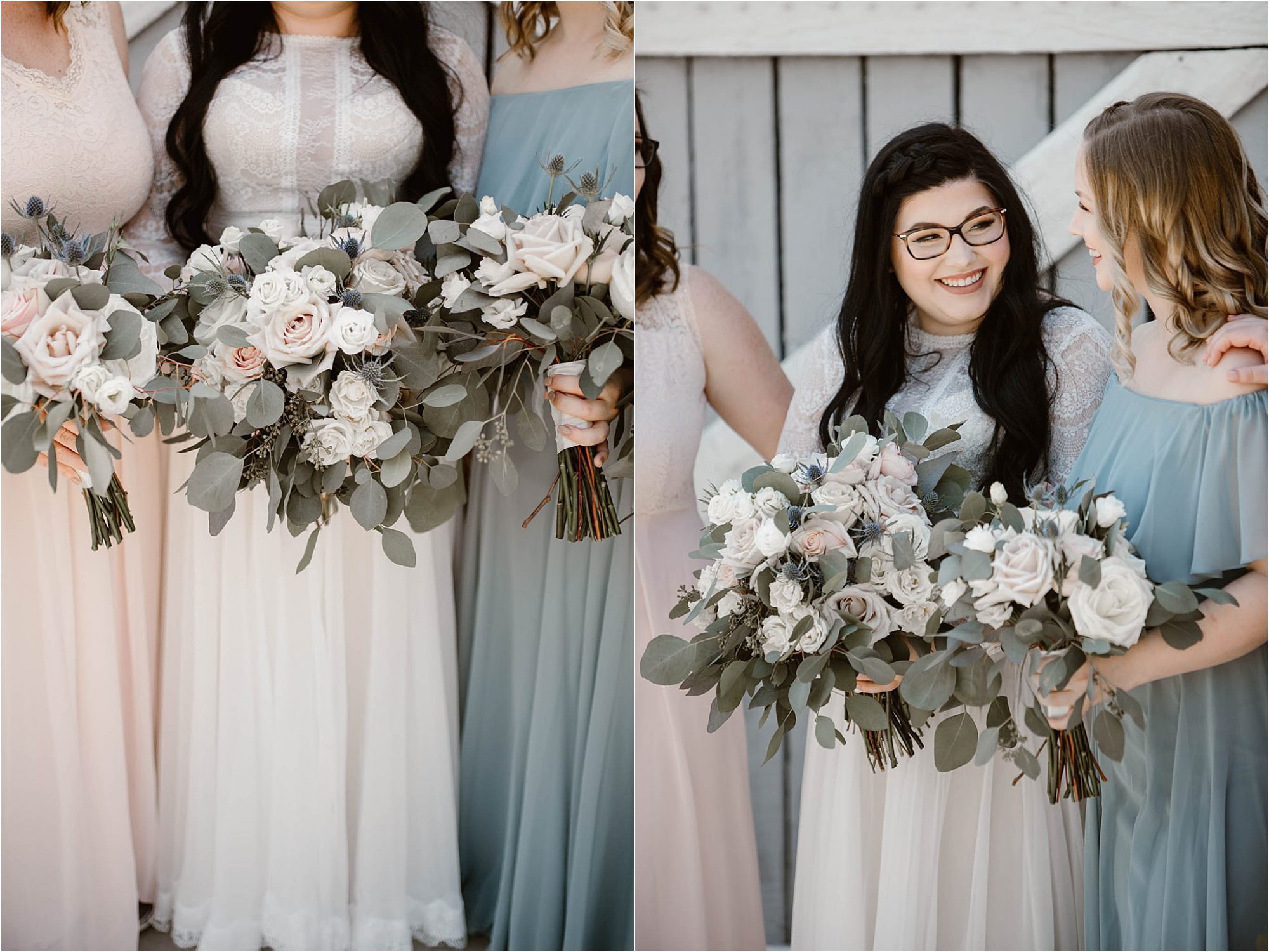 bride and bridesmaids in front of barn doors holding bouquets