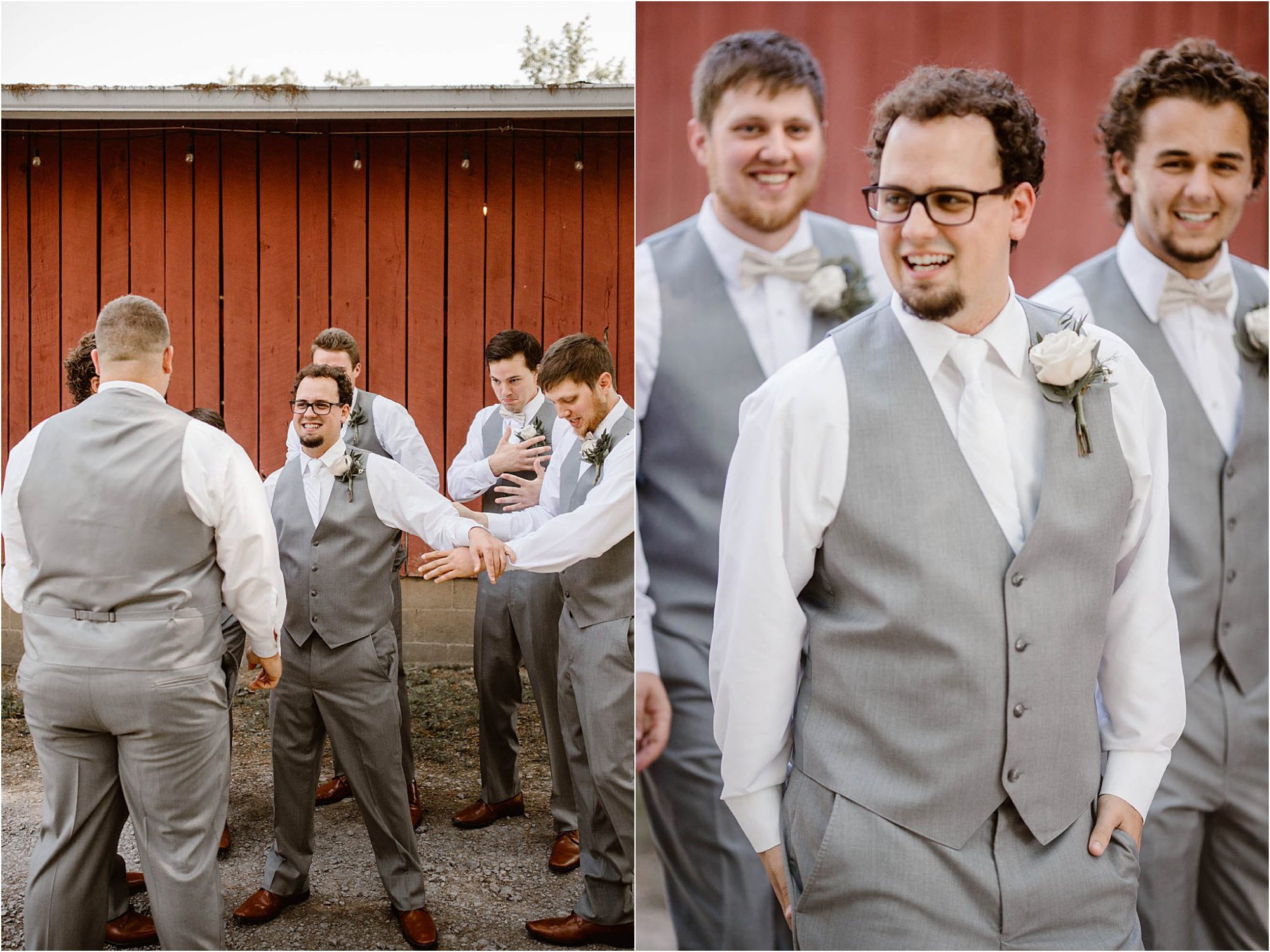 groom walking with groomsmen with red barn in background