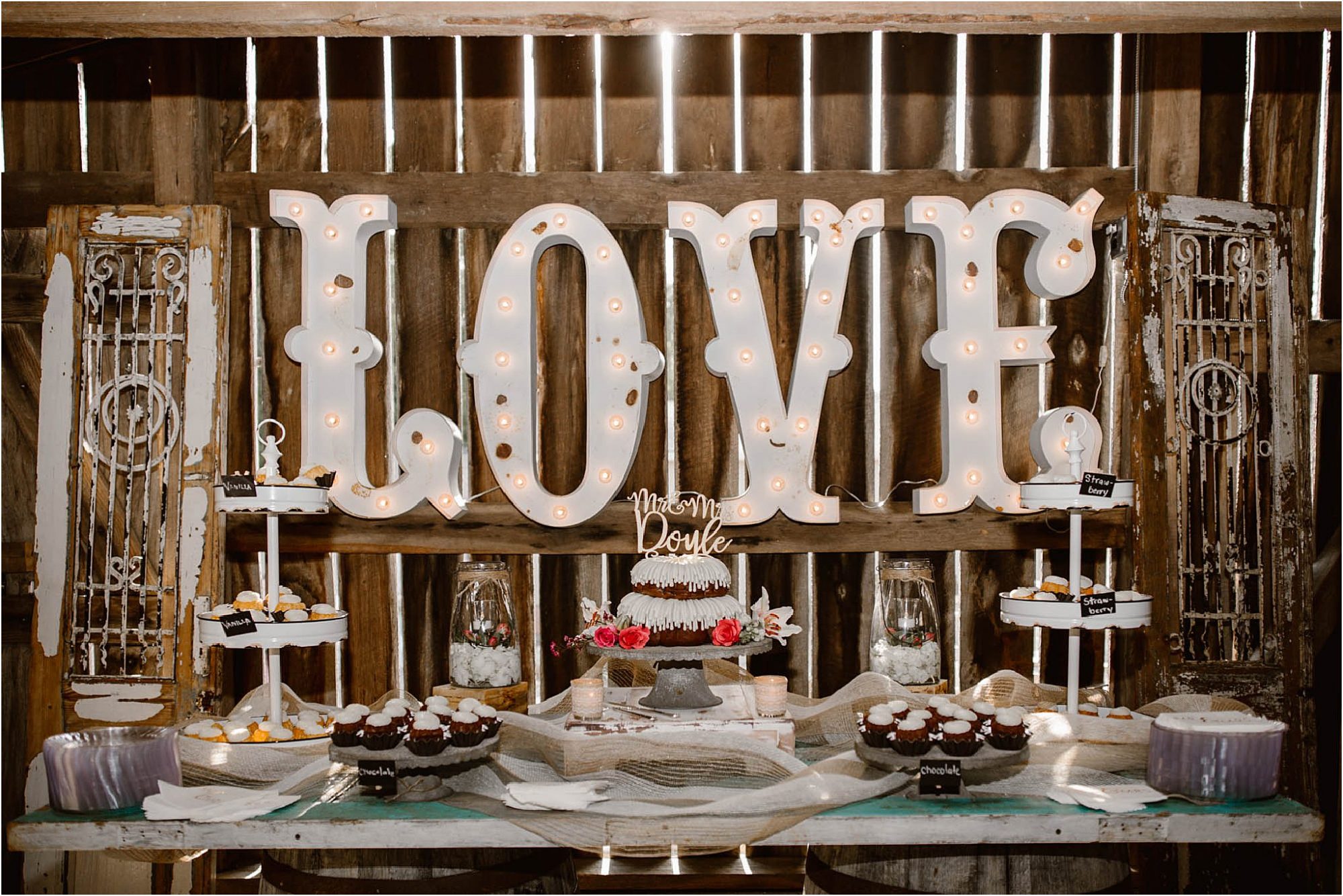 cake and treat display at rustic glam wedding in Knoxville
