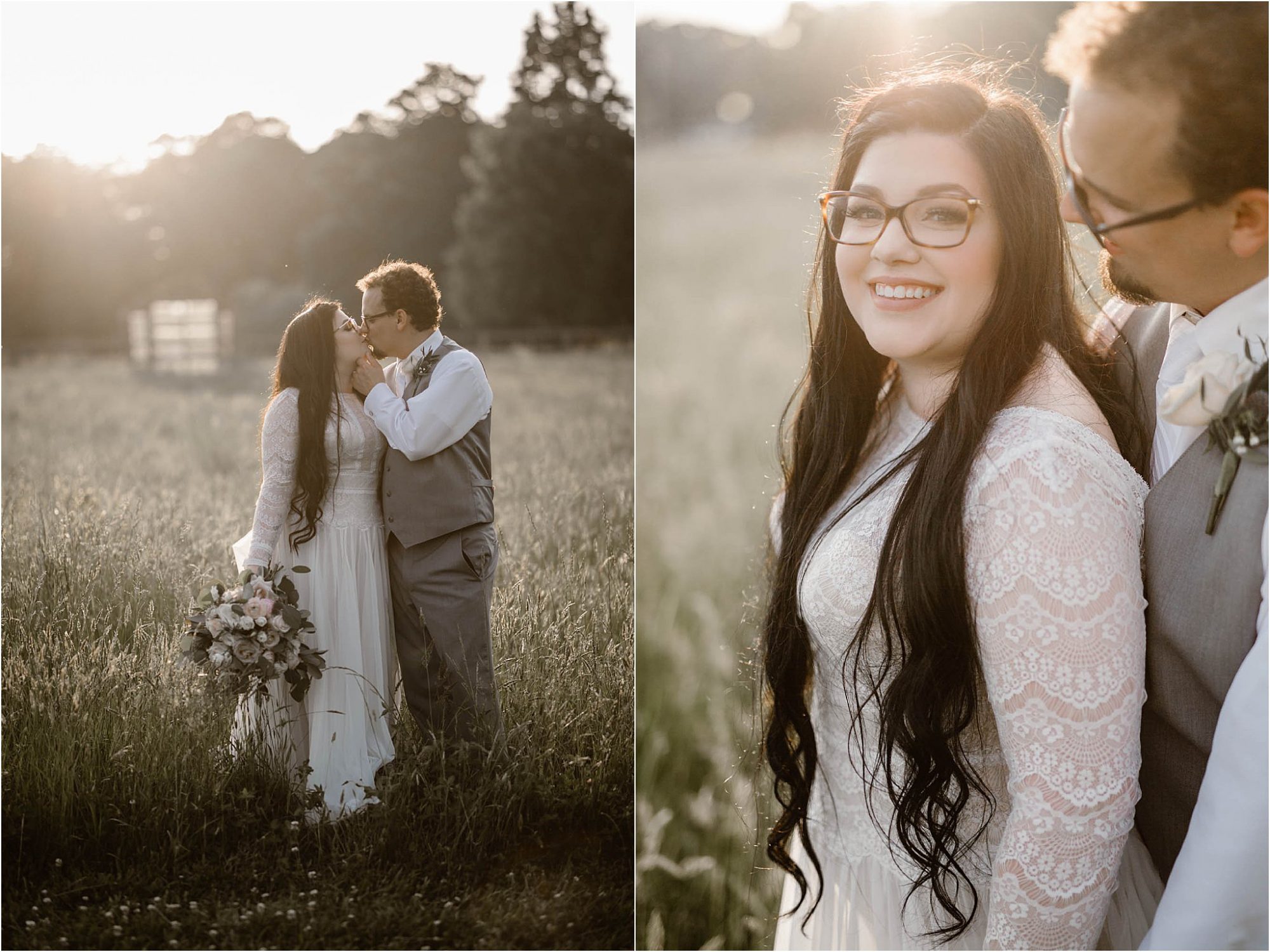 bride and groom couple photos at sunset in field