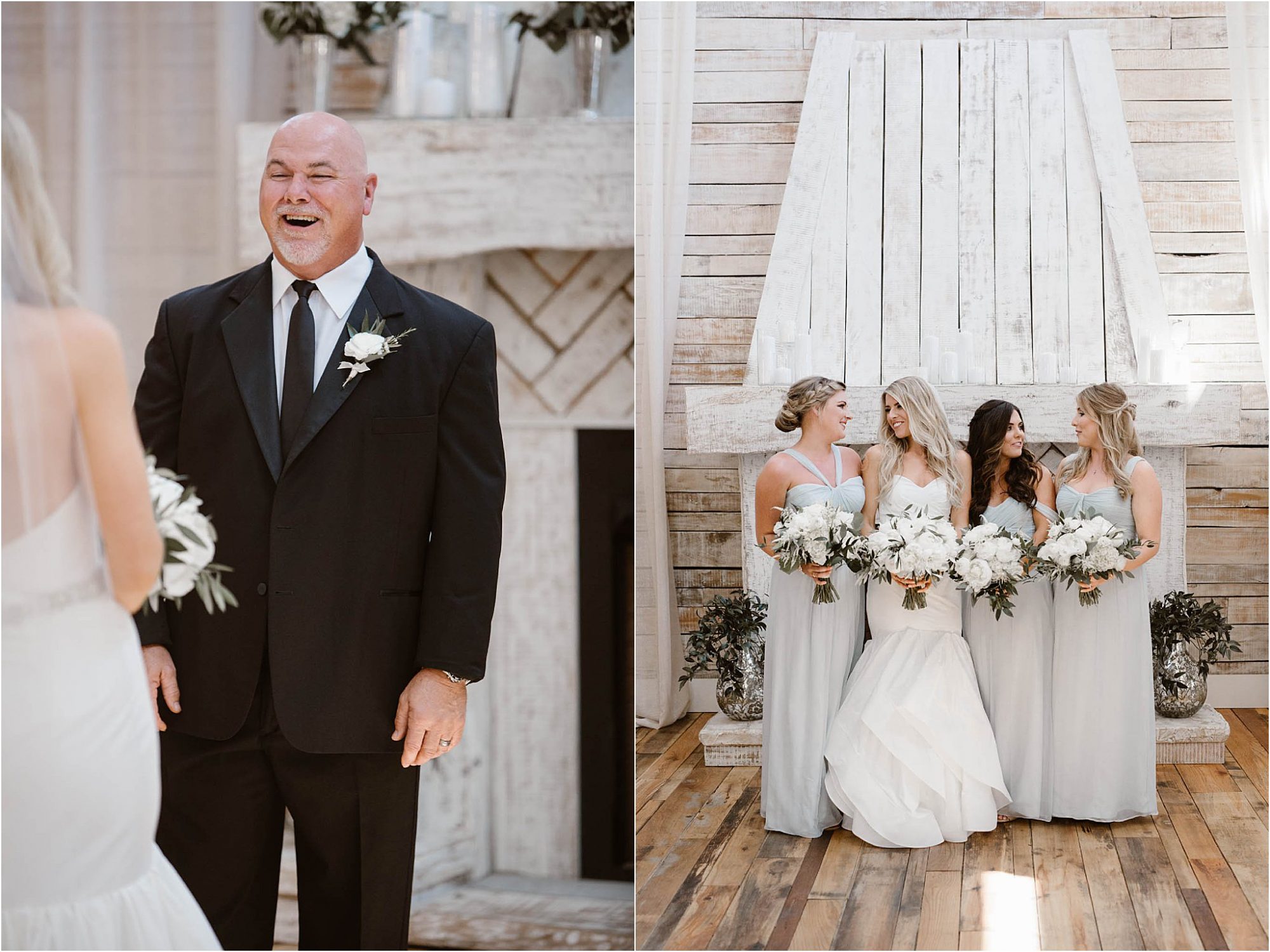 first look with father and photos of bride with bridesmiads