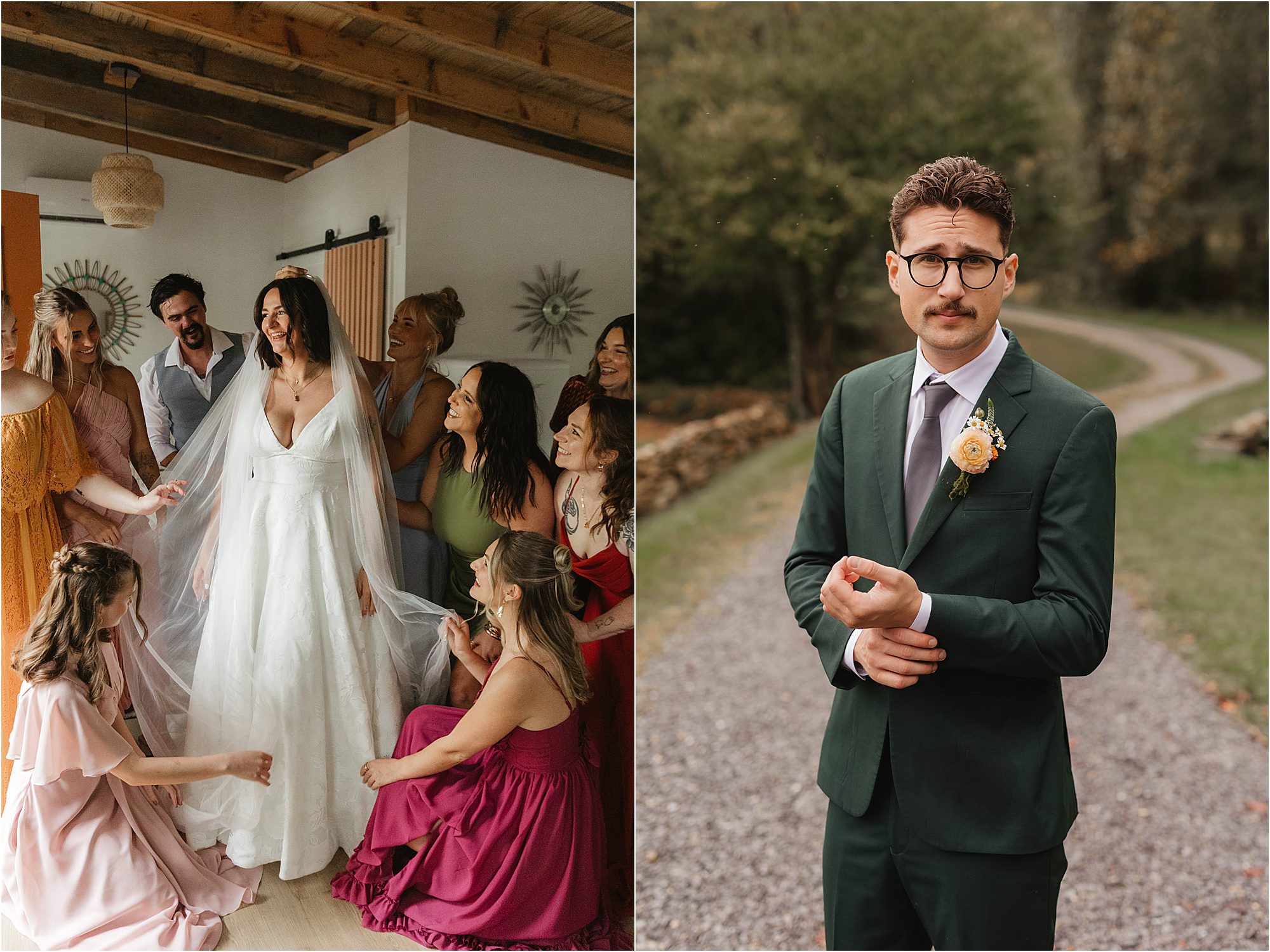 A bride in a white dress is surrounded by smiling bridesmaids indoors, sharing laughter and following tips for getting ready on your wedding day; next to her, a groom in a green suit stands outside on a path, adjusting his cufflink.