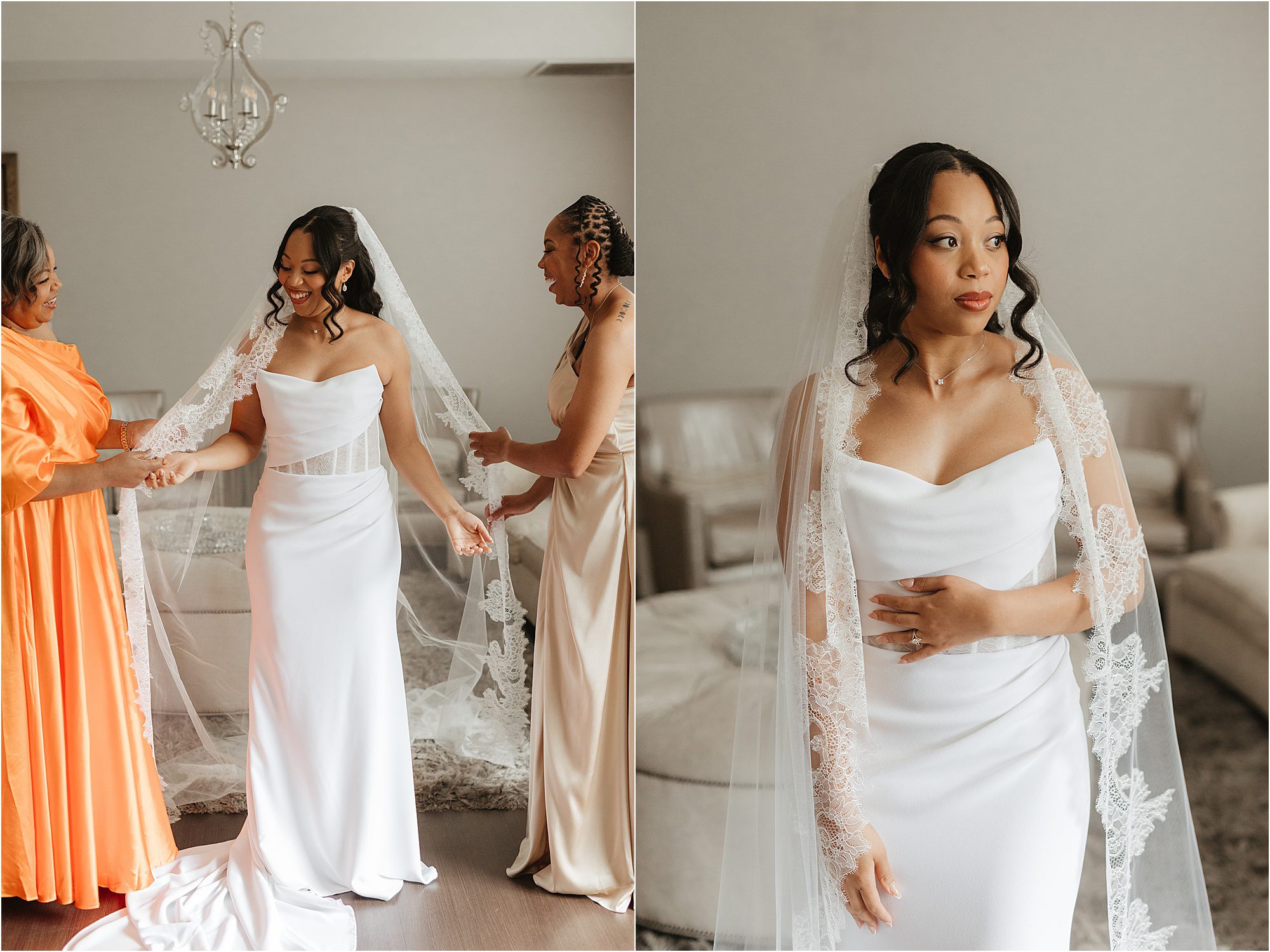 A bride in a white dress and lace veil stands indoors with two women helping her, putting into practice essential tips for getting ready on your wedding day. In the second image, she poses alone, looking thoughtful with her hand on her waist.