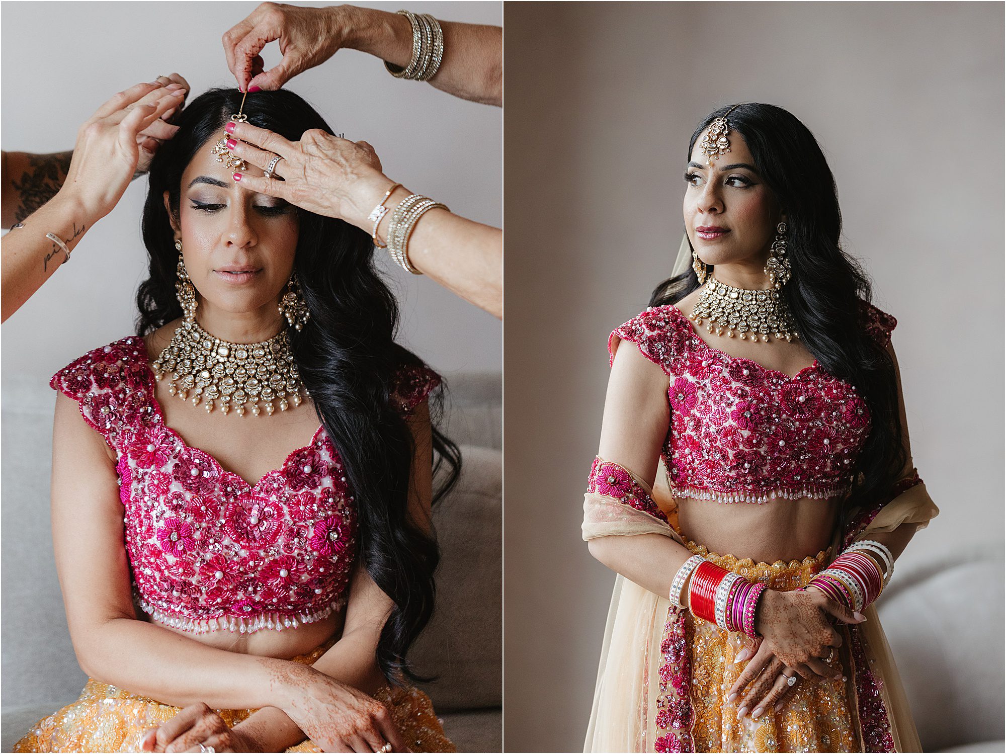 A woman in a vibrant pink and gold traditional outfit is being adorned with jewelry in one image and poses gracefully in the other, showcasing her detailed attire and accessories—offering inspiration and tips for getting ready on your wedding day.