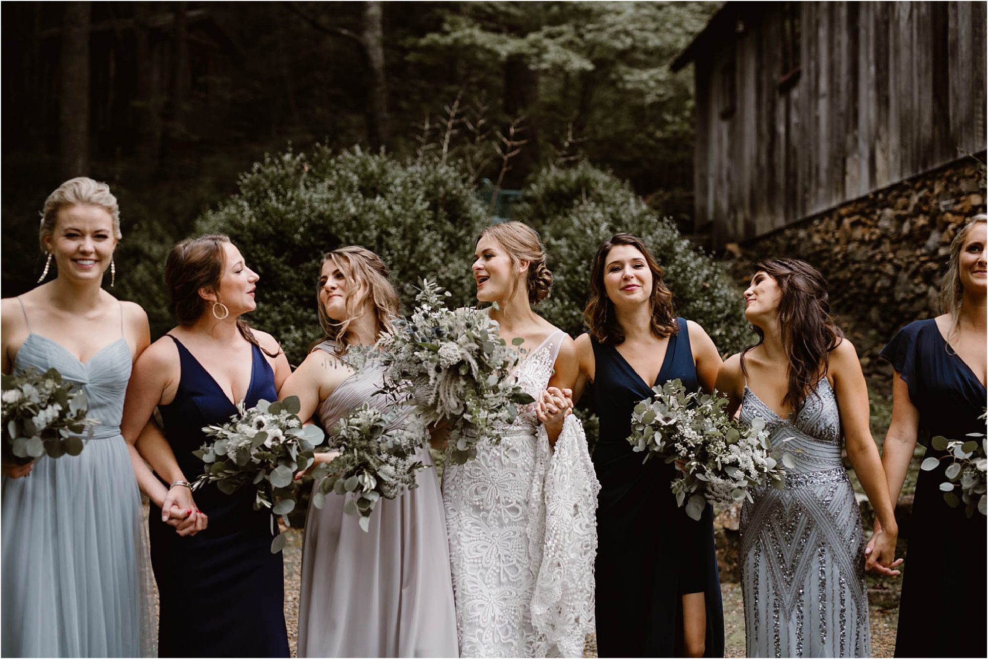 bride and bridesmaids photos in mismatched dresses
