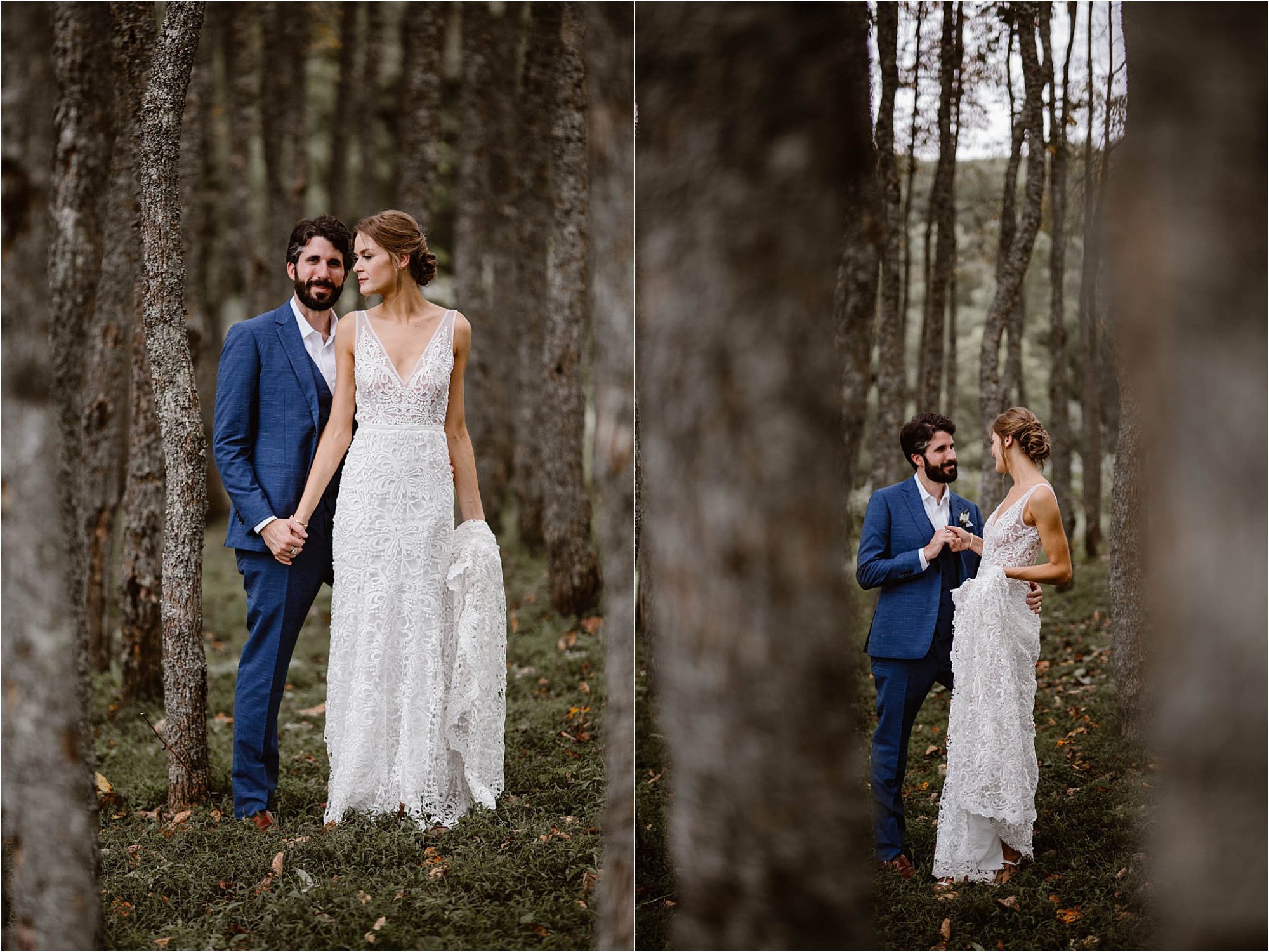 bride and groom standing in woods at North Carolina Vineyard
