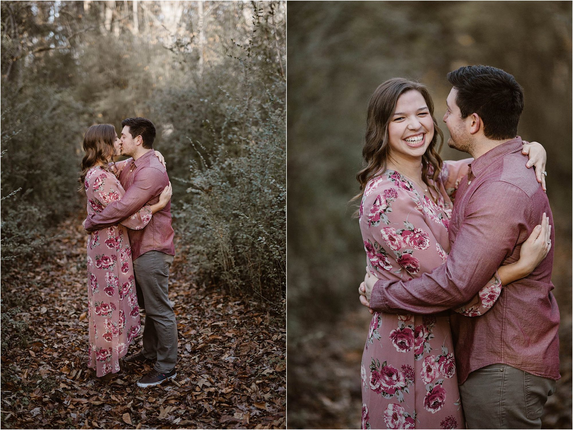 boy and girl in pink and maroon outfits kissing in woods