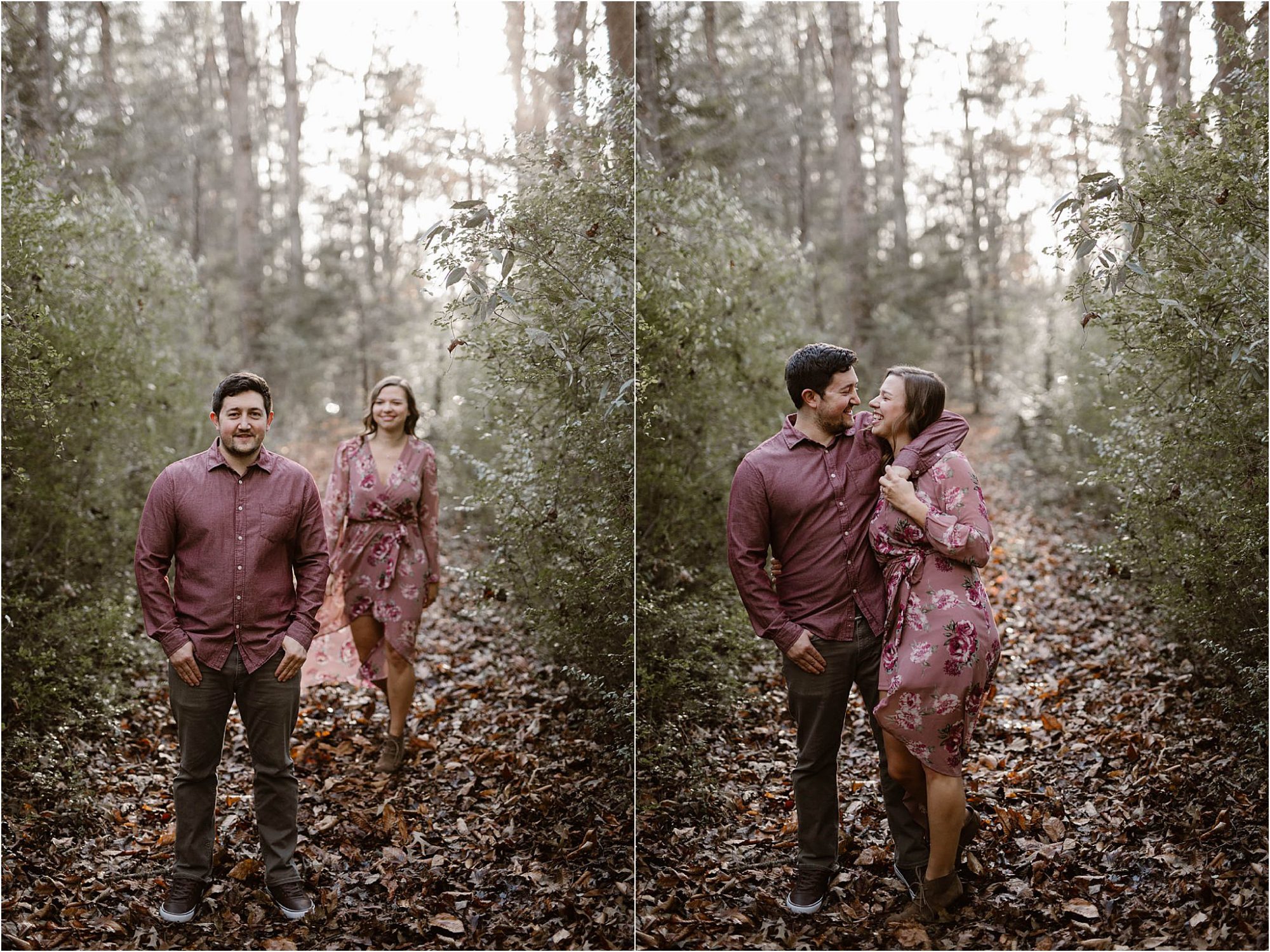 boy and girl hugging in woods while wearing maroon outfits