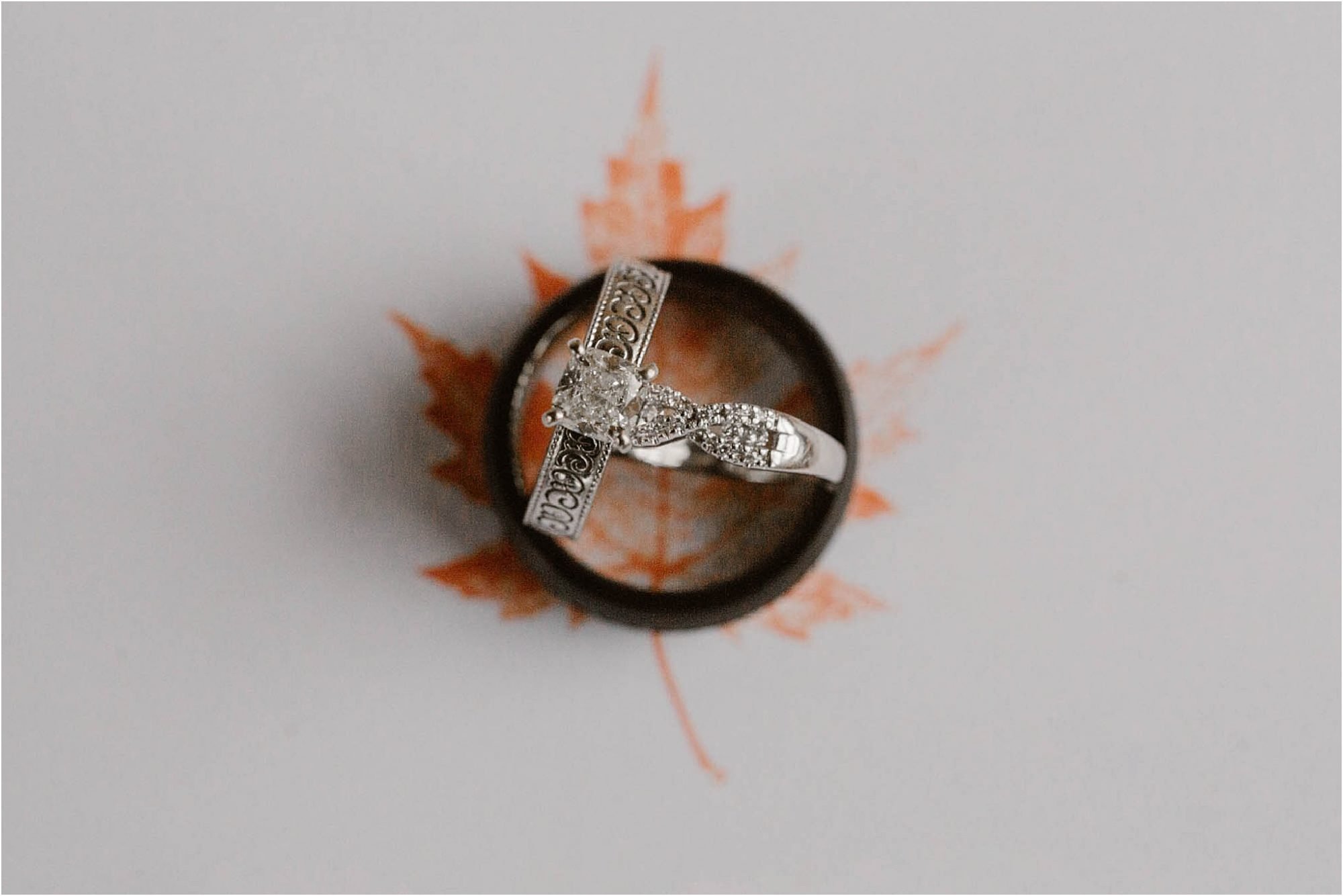 Wedding Rings on orange leaf invitation