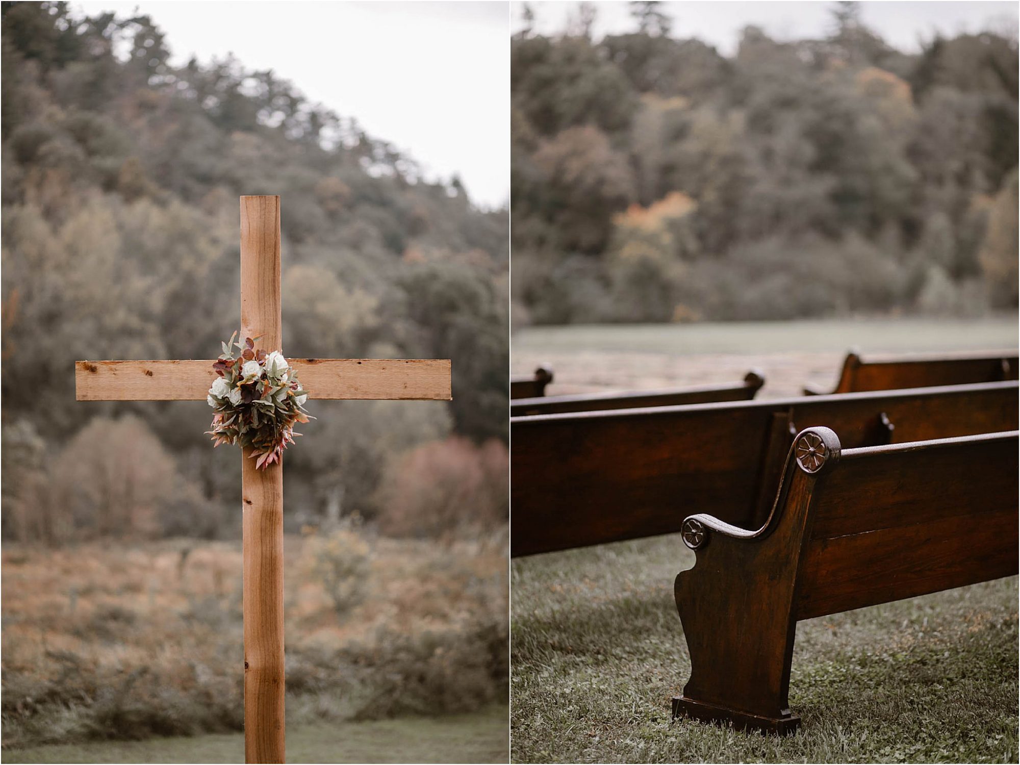 wooden cross and wooden pews at mountain wedding ceremony