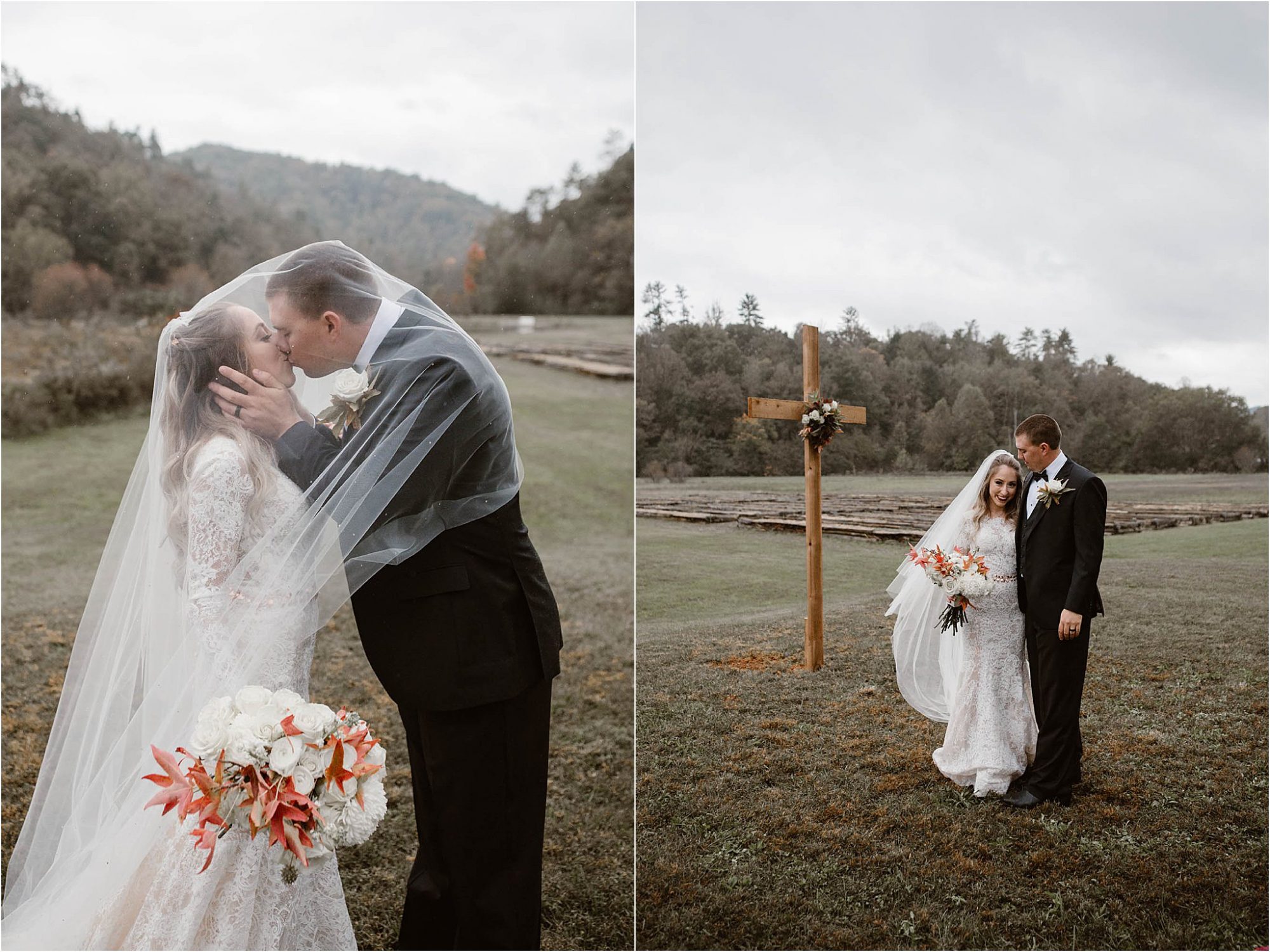 Bride and groom kiss and hug at Fall Wedding Ceremony